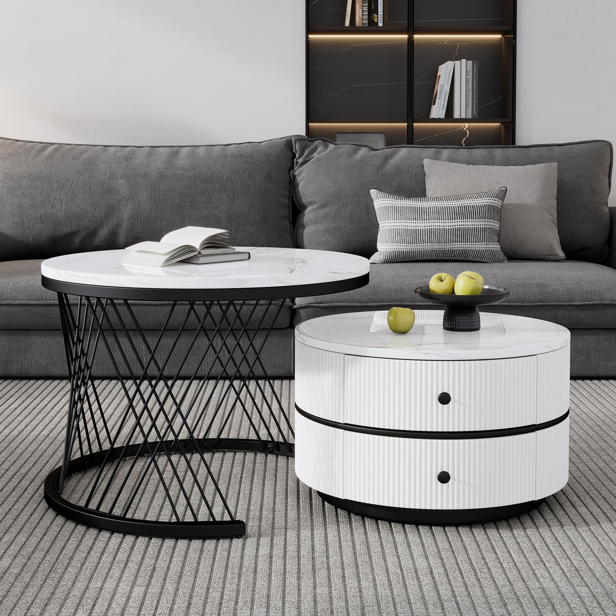 Elegante set di 2 tavolini a forma di nido, 60 x 60 x 46 cm e 50 x 50 x 31 cm, tavoli rotondi con effetto marmo lucido, 2 cassetti (bianco nero)