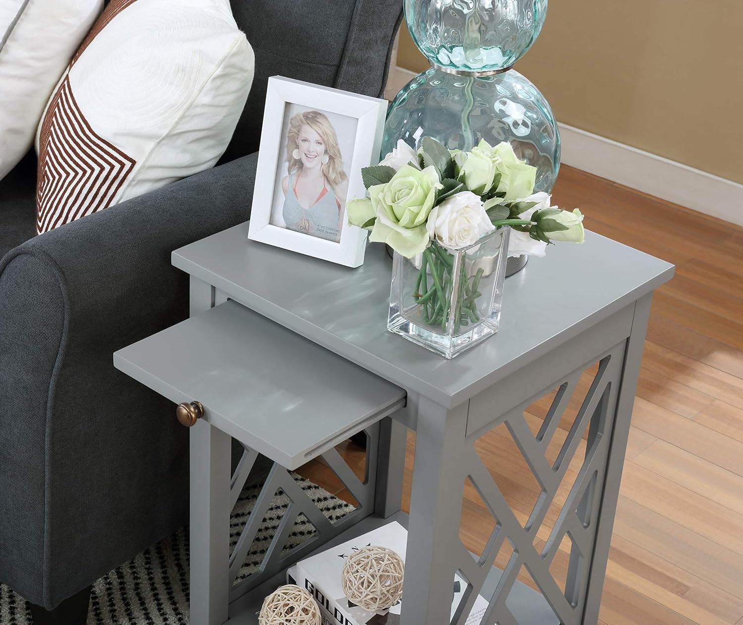 Gray Wood End Table with Tray and Shelf