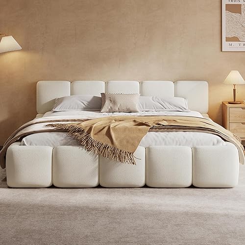 Christopher Knight Home Hazel California King Size Platform Bed, Boucle Thick Headboard and Footboard, Upholstery Grounded Beds, Wood Slat Panel Support, No Spring Box Needed, Easy Assembly, White