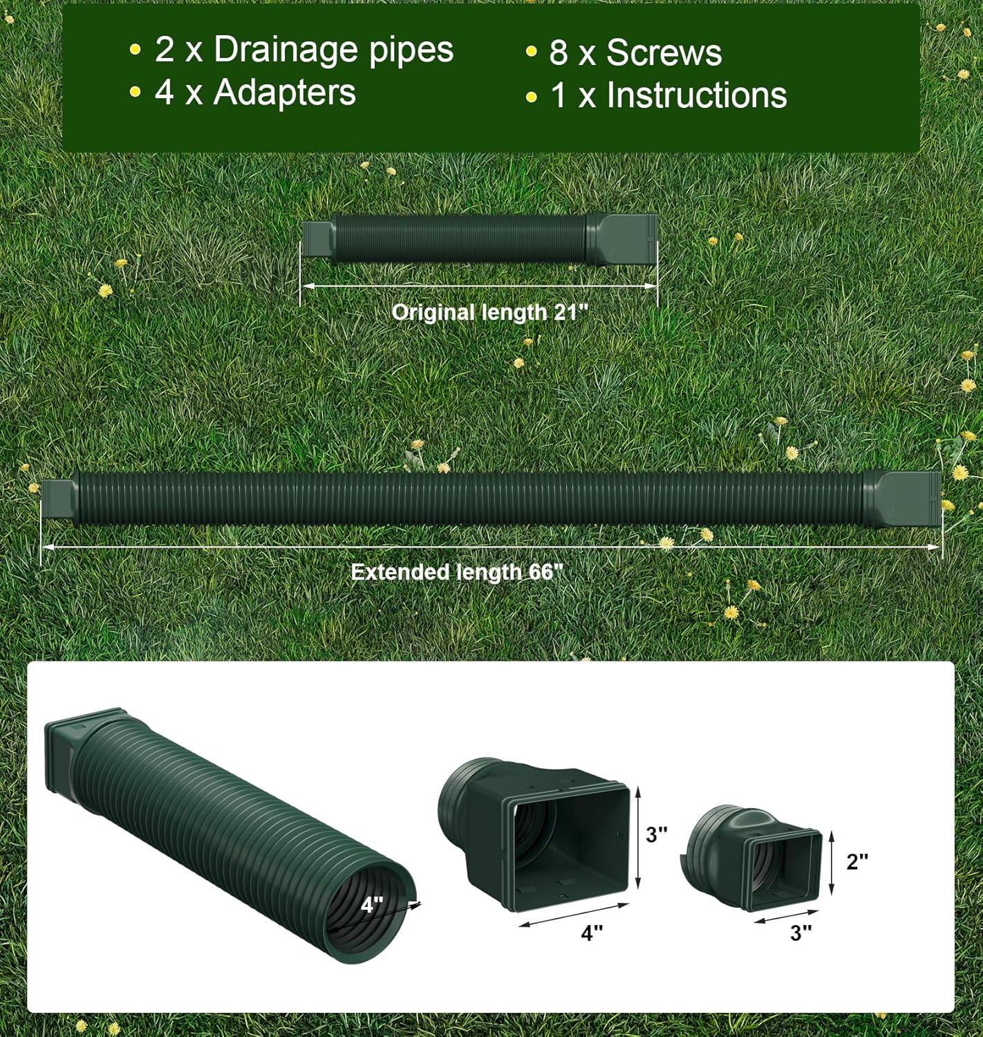Ogutter Rain Gutter Downspout Extensions, Downspout Extender for Rainwater Drainage Flexible, Down Spout Drain Extension Pipe and Extendable from 21 to 66 Inches (2 Pack, Green)