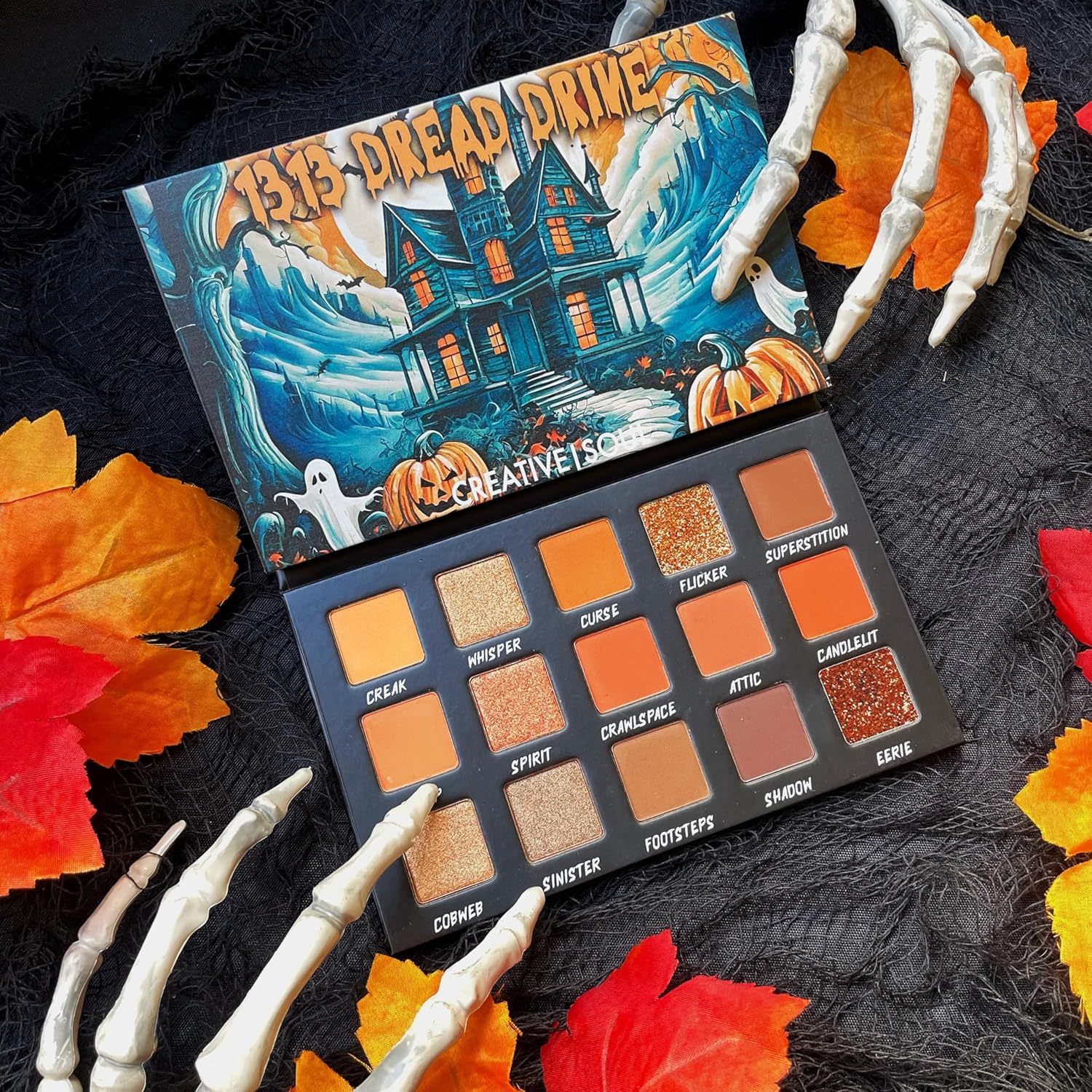 Creative Soul Cosmetics 1313 Dread Drive Eyeshadow Palette, Spooky Neutral Brown & Orange Eyeshadow Palette, Blendable & High Pigment Eye Shadow, Mattes, Shimmers & Glitters