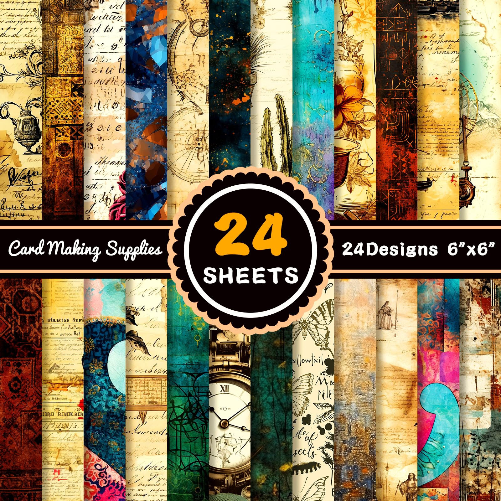 24Pcs Vintage Pattern Paper Scrapbook Premium 15*15cm Specialty Craft Paper Folded Flat for DIY Background Card Making Scrapbook Photo Album Decor