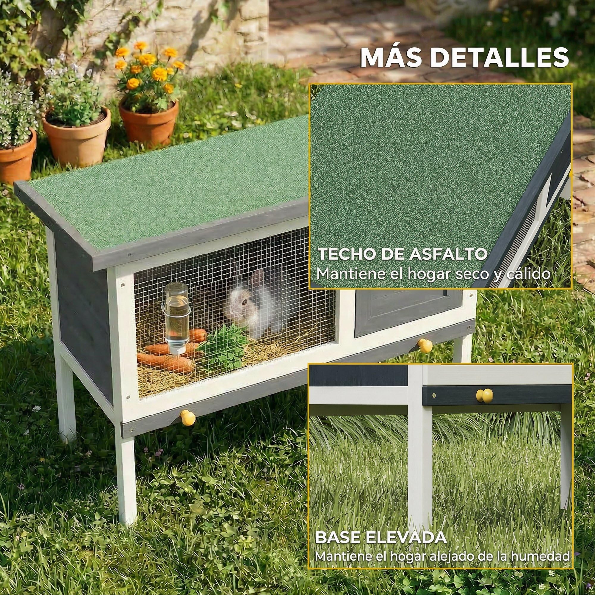 PawHut Conejera de Madera, Jaula para Conejos Medianos con Techo Asfáltico Abatible, Bandeja Extraíble, Puerta con Pestillo, Conejera Elevada Exterior, para Cobayas y Chinchillas, 90x45x65 cm, Gris — view 6
