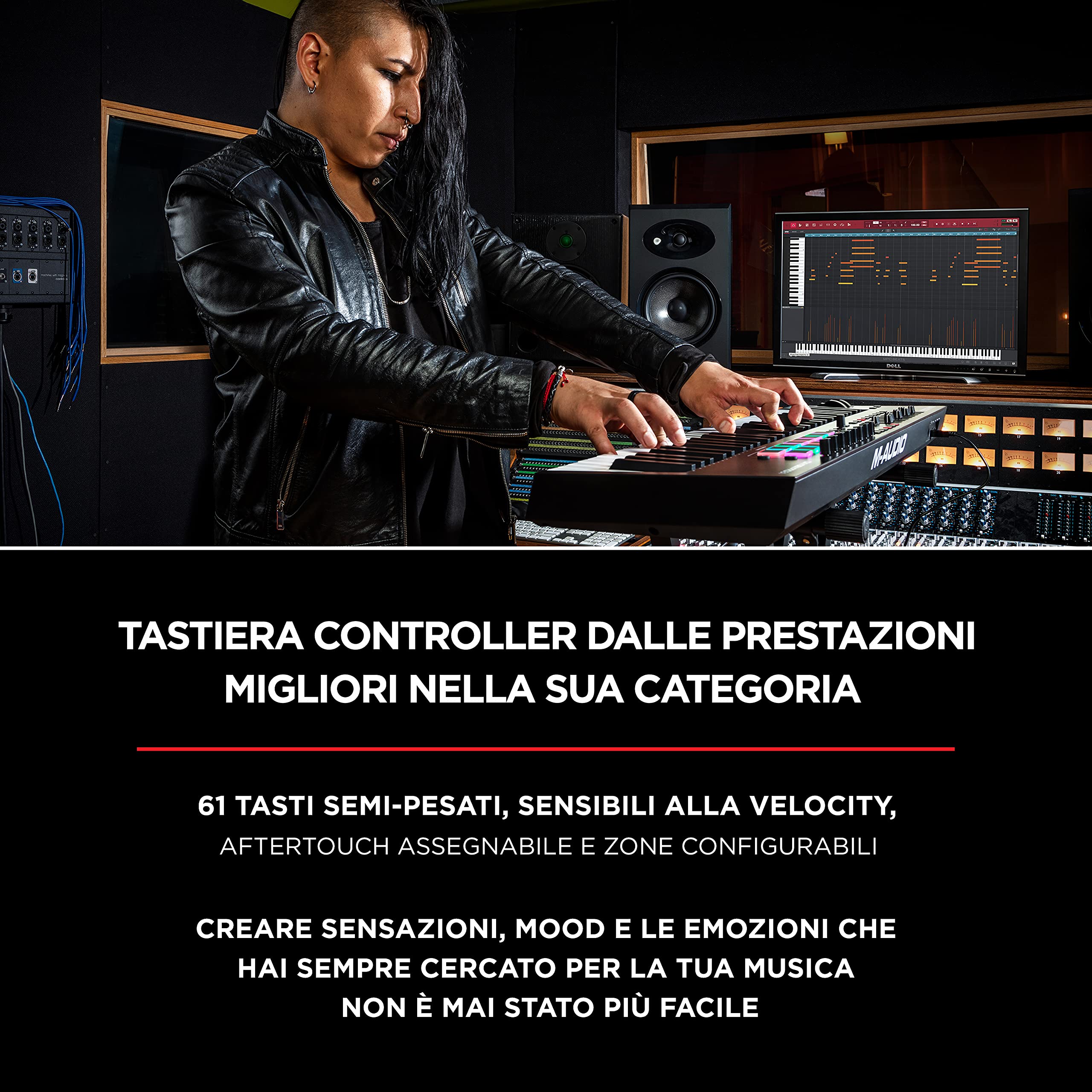 M-AUDIO Oxygen Pro 61 - Tastiera-controller USB MIDI a 61 note con pad Beat, manopole, pulsanti e fader assegnabili via MIDI e pacchetto Native Instruments Sound (integrazione NKS)