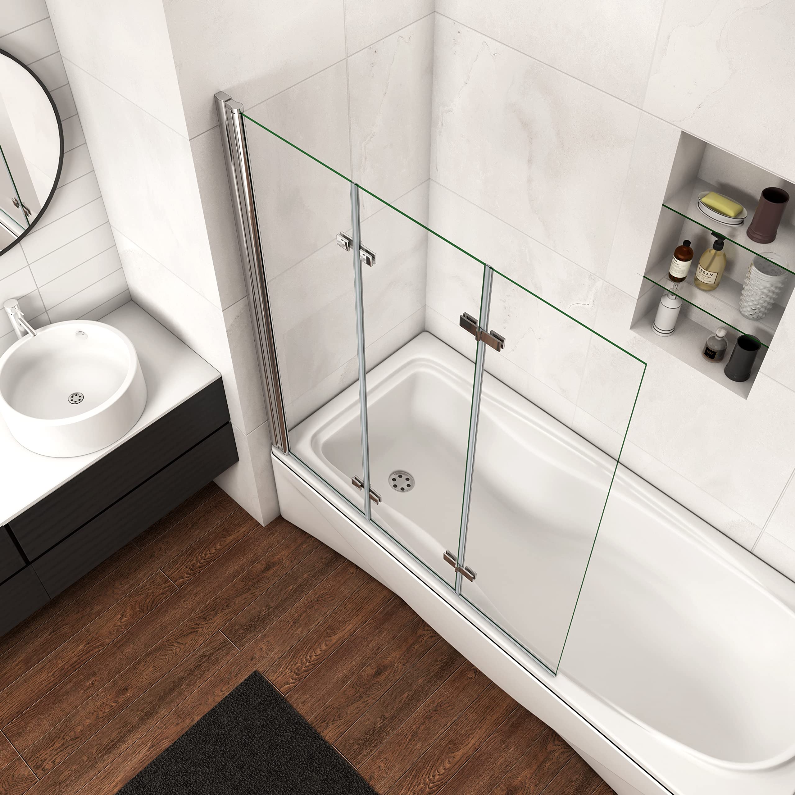 H.140cm Parete Per Vasca Doccia 130cm 3 Ante Vetro Apribili 6 mm Cromo