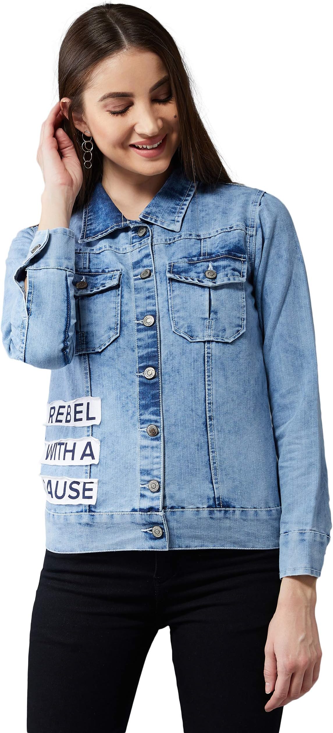 Women's Polo Neck Full Sleeves Denim Solid Cropped Jacket