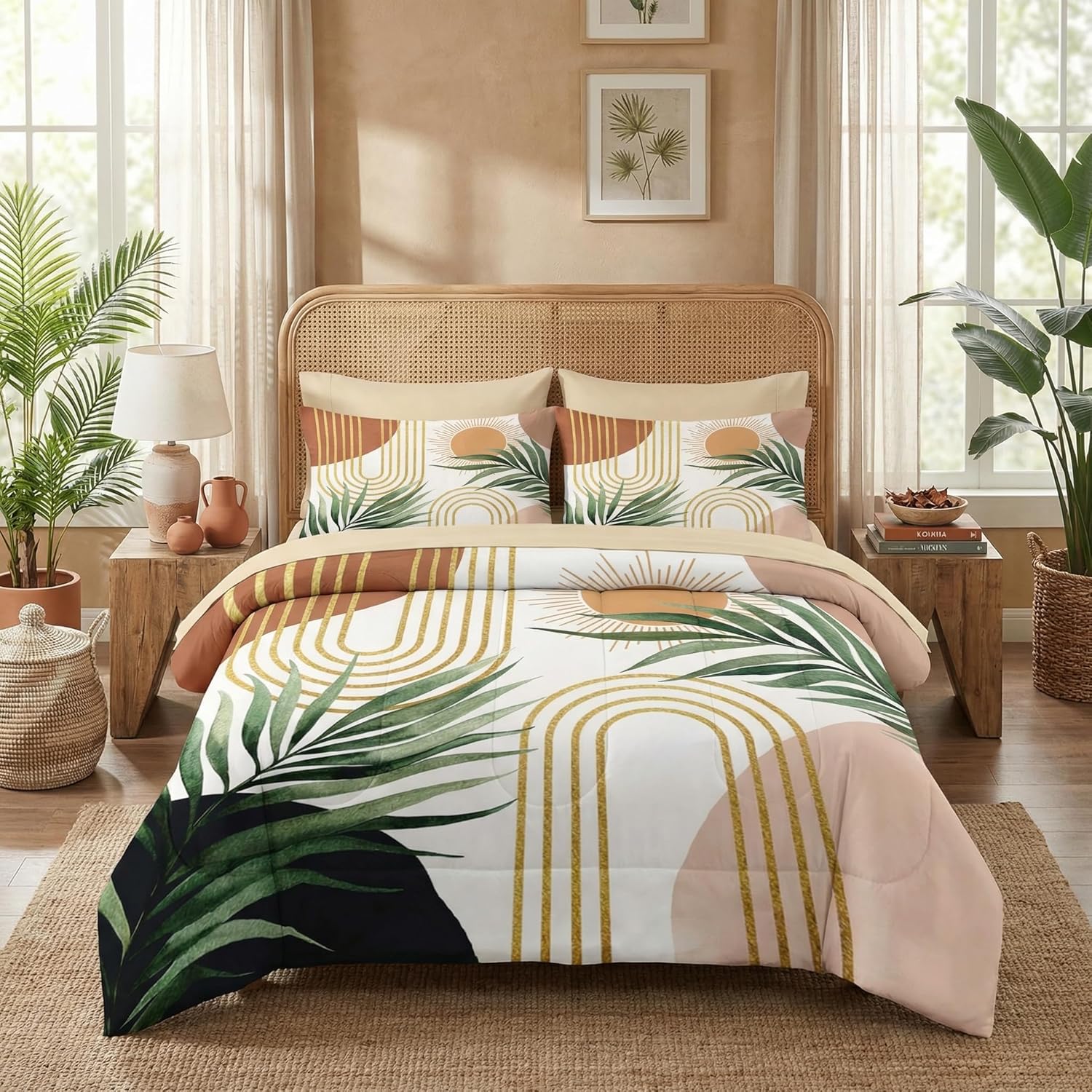Nesker Comforter Set King Size, Bohemian Boho Geometric 7 Pcs Bedding for Kids and Adults, Mid Century Modern Plant Sun Bed Sheet Sets with Fitted Sheet 2 Pillowcases & 2 Shams