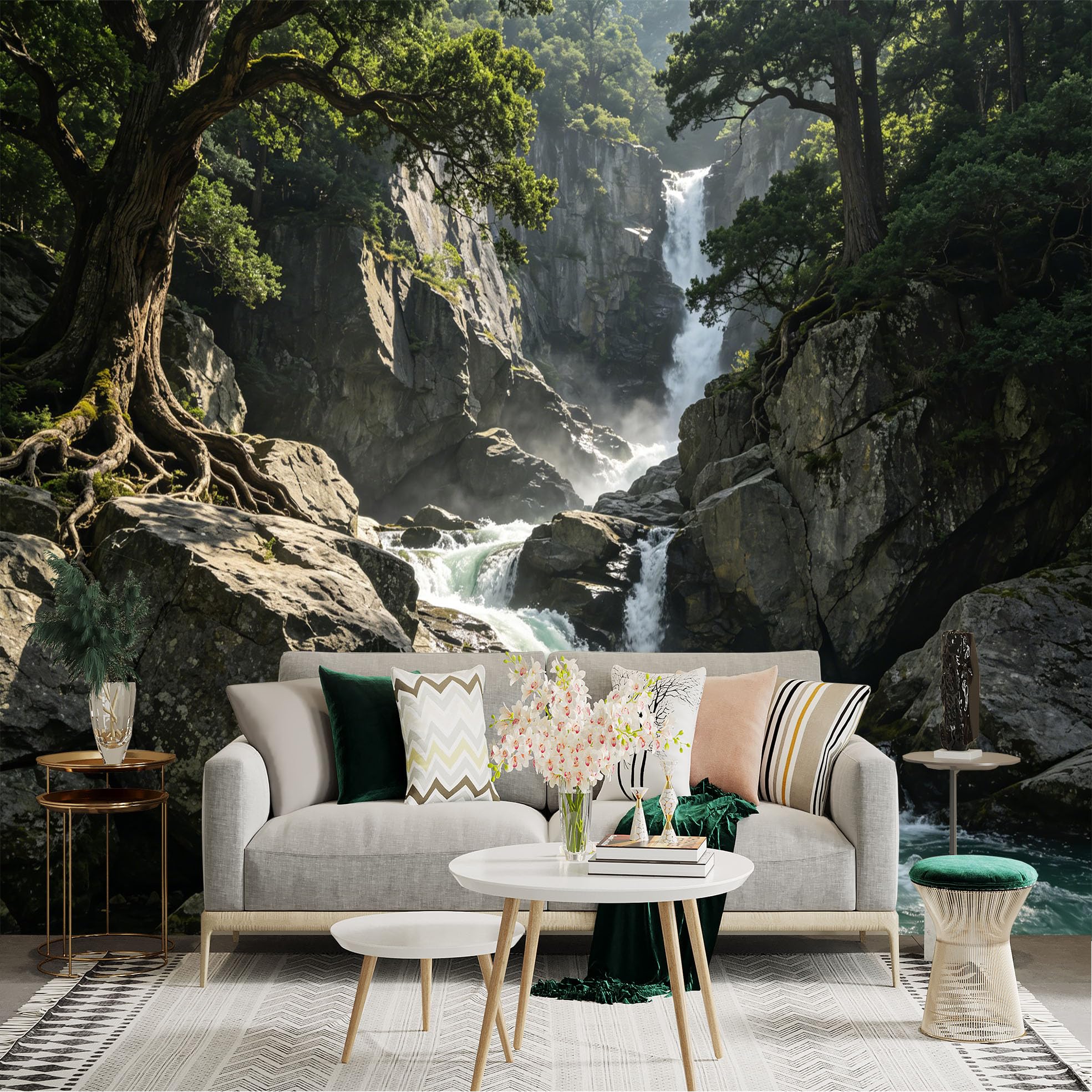 Lnzczhyre Dbh260521400 Custom Size Wall Sticker Mural， Majestic Mountain Waterfall， Flowing River Landscape， Lush Forest Scenery， Nature Inspired Wall Art， For Wall Decoration， Peelandstick Wall Decals.