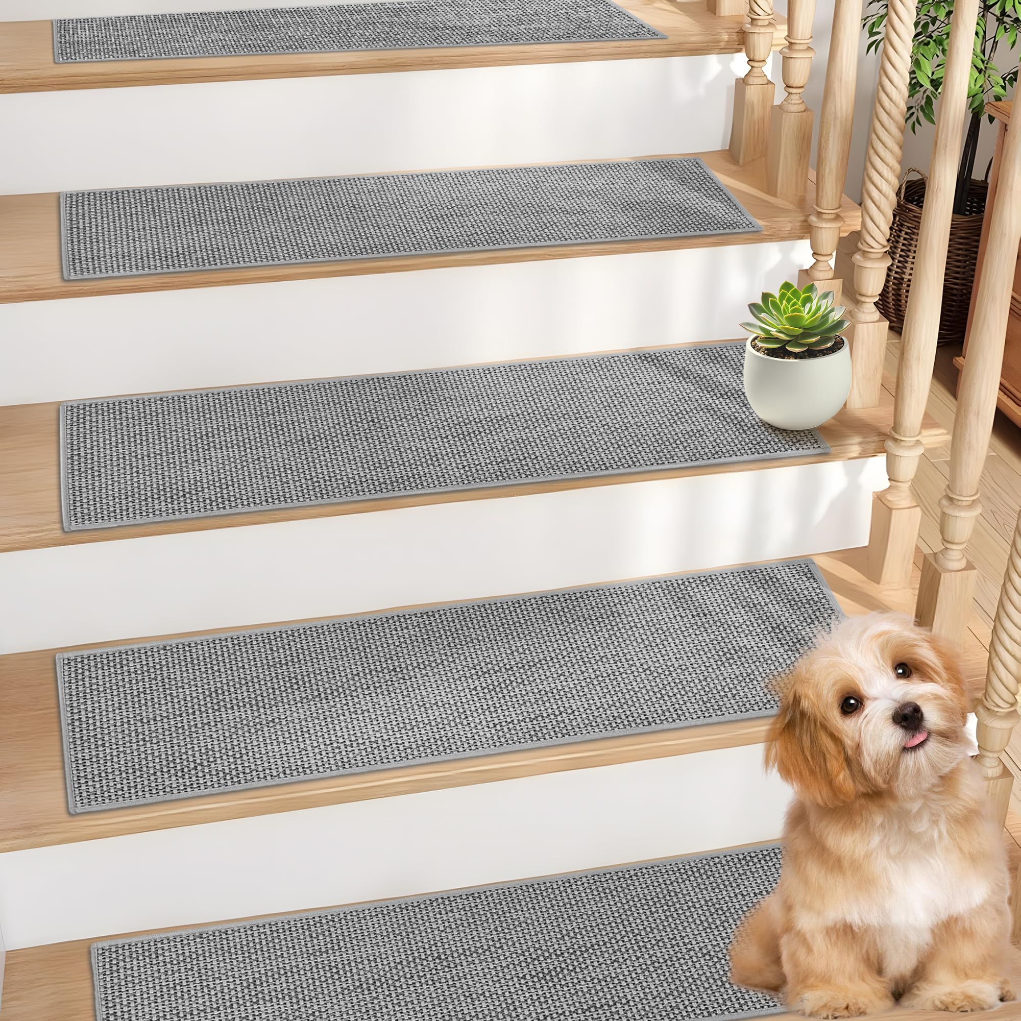 Xaarmonex Natural Linen Stair Treads for Wooden Steps, 15 Pcs 8" x 30",Non Slip Stair Runner, Peel and Stick Carpet Indoor for Kids Elders and Pets (