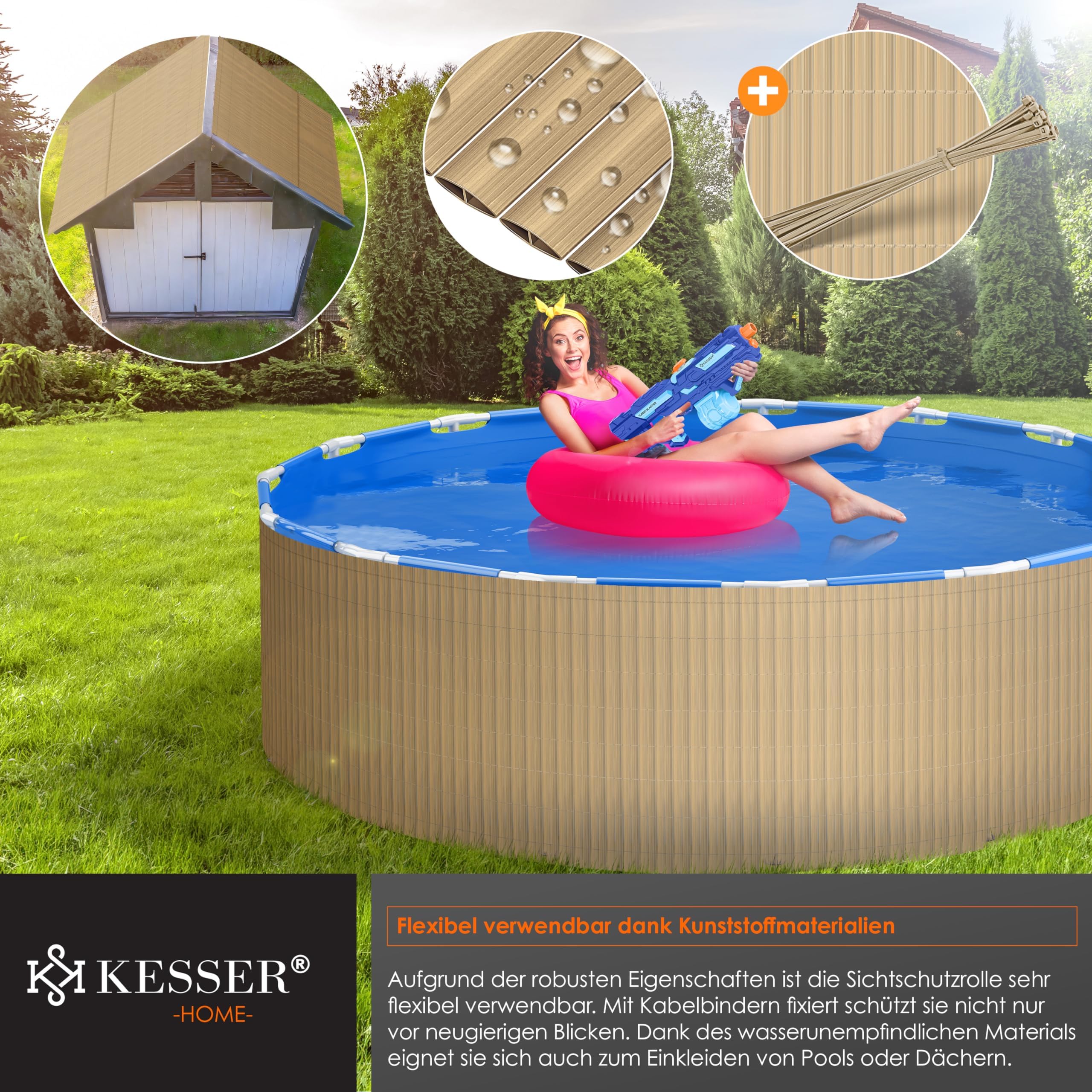 KESSER® Estera de Privacidad PVC Valla Protectora Balcón | Resistente a la Intemperie | 100 x 300 cm | Lamas reforzadas | Revestimiento del balcón Incluye Abrazaderas y Cubierta Bambú