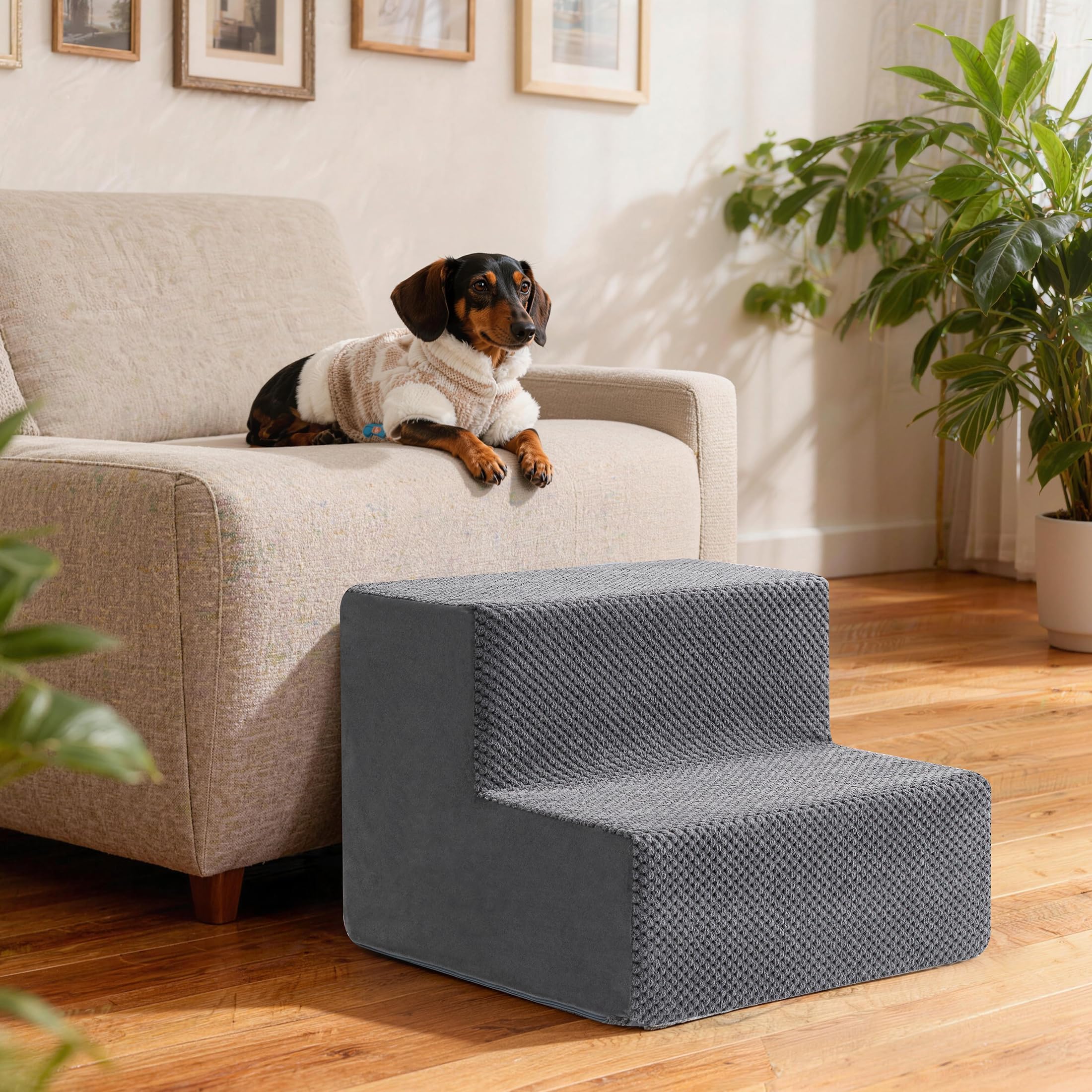 Scaletta per Cani e Rampa per Letto Alto e Divano, 33-61 cm Scala Rimovibile per Cani Piccoli e Medi, Schiuma 40D Robusta, Antiscivolo, Rivestimento Lavabile con Rullo Levapelucchi, Grigio