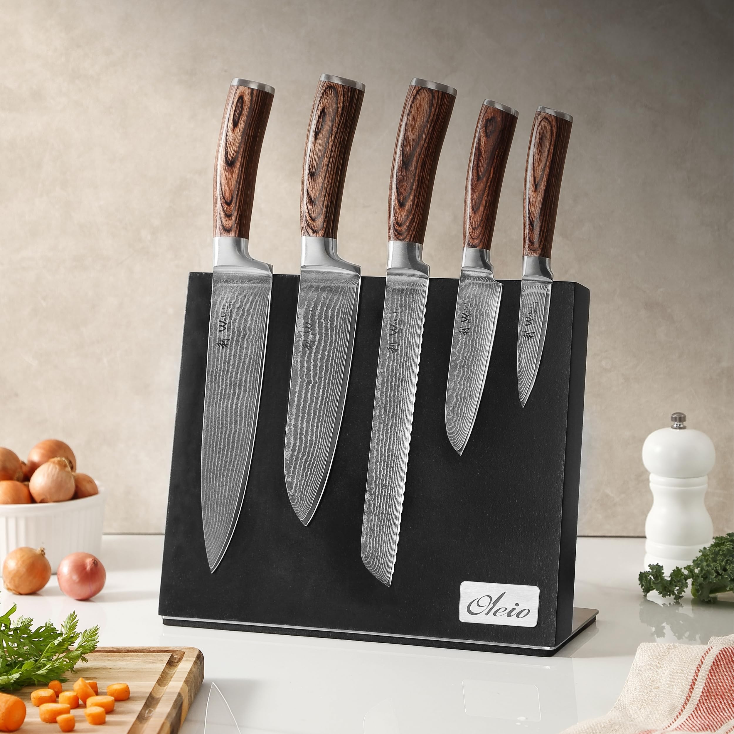 OLEIO Bloc à couteaux magnétique noir en bois d'acacia pour 6 couteaux, avec aimant puissant, base en acier inoxydable et base antidérapante, porte-couteaux pour couteaux de cuisine et couteaux