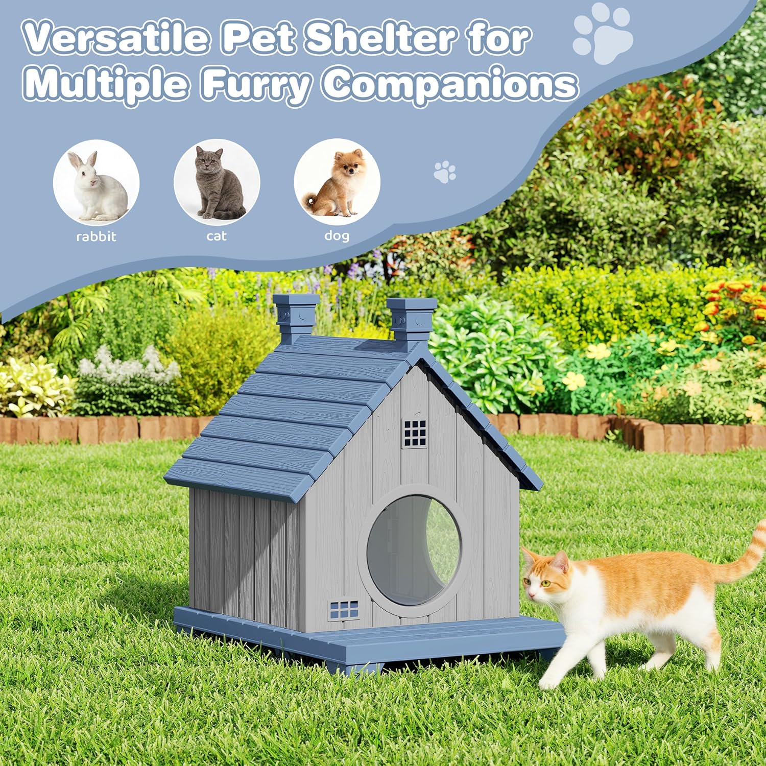 Outdoor Cat House Weatherproof, Durable Resin Cat Houses for Outdoor Indoor Cats, Outdoor Cat Enclosure Shelter with Elevated Base, Anti-Slip Pad, Ventilation, Blue