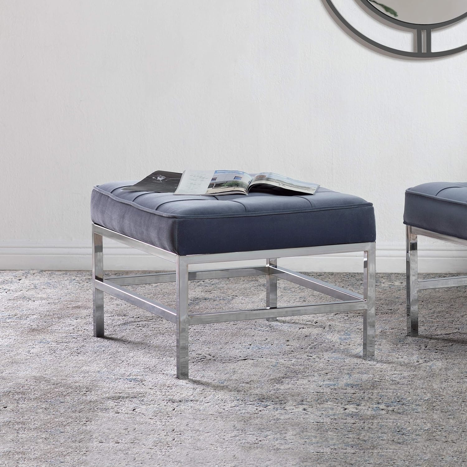 Rеvіеw Prоduсt Studio Designs Home 30 W Ashlar Modern Tufted Accent Ottoman, Chrome Additional Seating or Footrest for Living Room or Office, Polyester Fabric, Velvet Slate Blue Suреr Brаndѕ Studio Designs Home 30 W Ashlar Modern Tufted Accent Ottoman, Chrome Additional Seating or Footrest for Living Room or Office, Polyester Fabric, Velvet Slate Blue