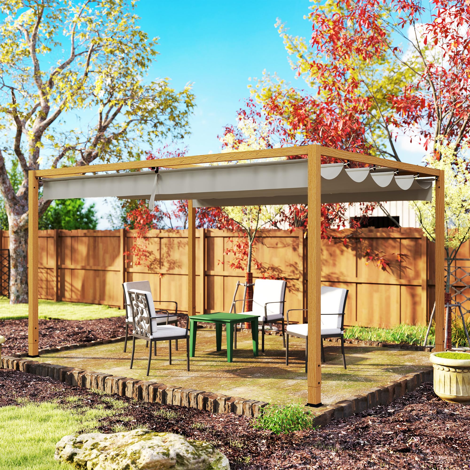 Outsunny Pergola Aluminium pergola Jardin extérieur 4 x 3 m avec Toit rétractable, système de Drainage, tonnelle de Jardin abri Soleil pour terrasse Patio véranda, Bois Naturel