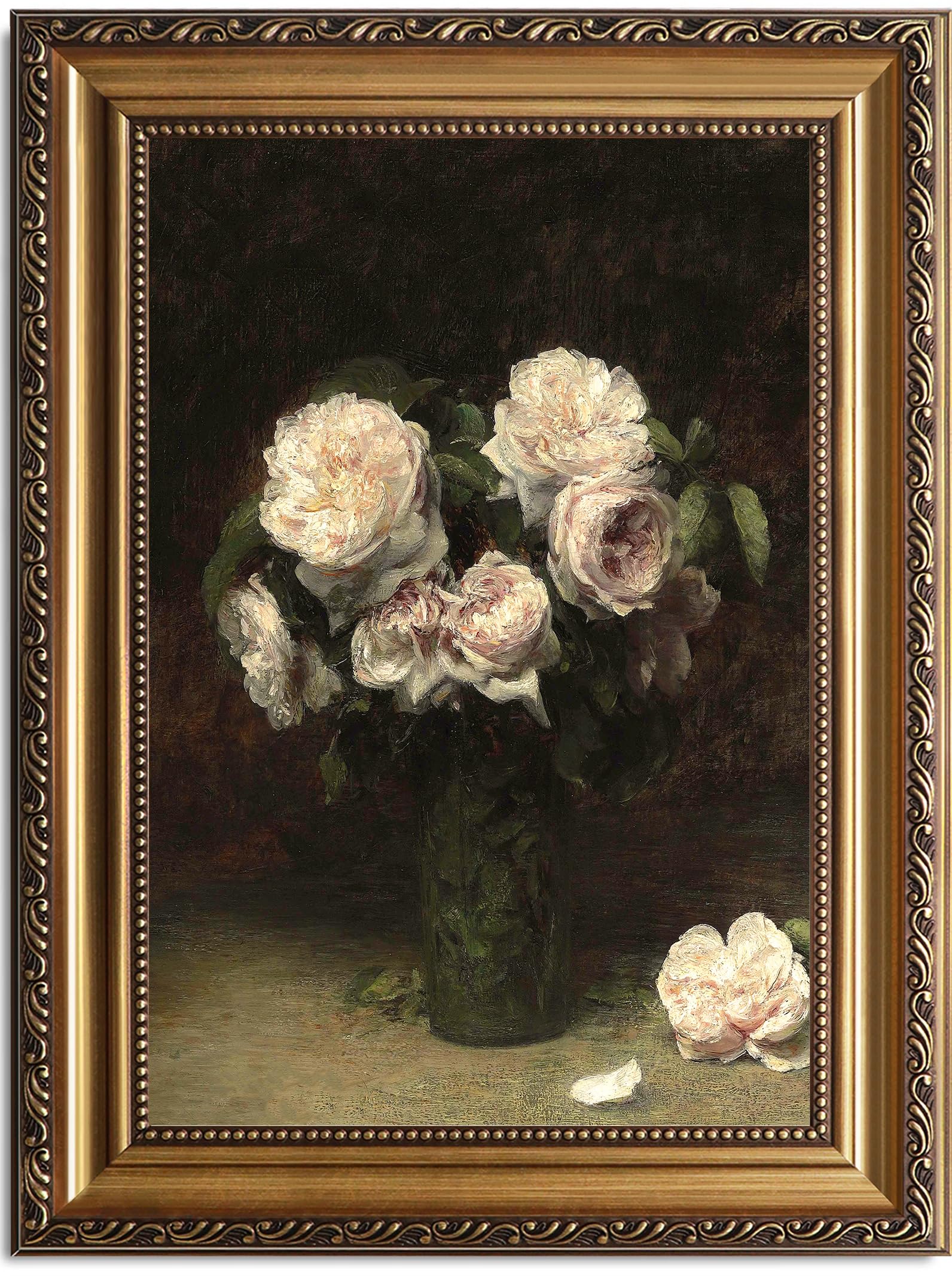 astrdecor vintage floral wall art, gold framed canvas wall art moody dark roses painting, vintage flower art print for kitchen bedroom bathroom wall decor, french country decor - 16" x 24"
