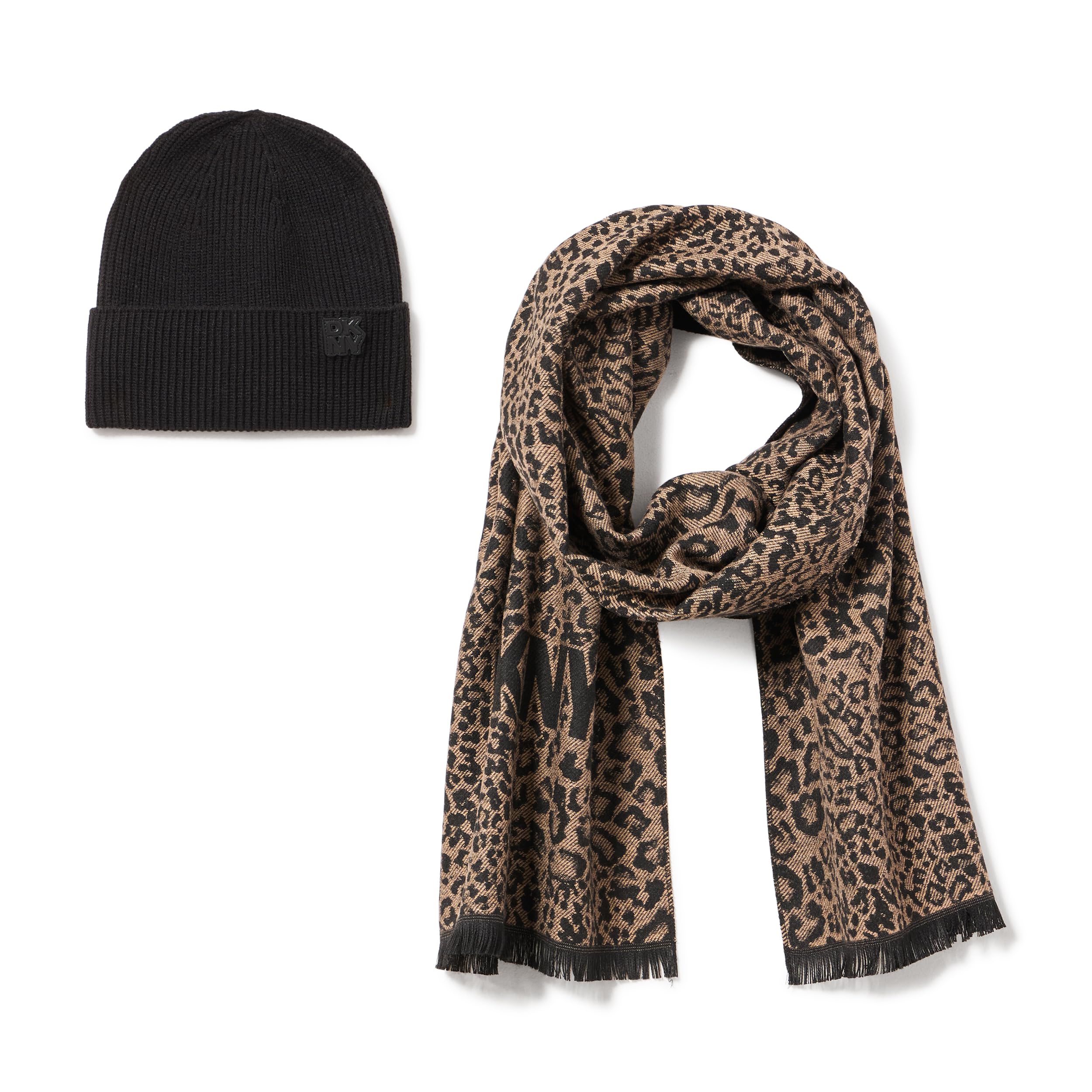 DKNY Women's Jacquard Leopard Scarf & Beanie Boxed Gift Set