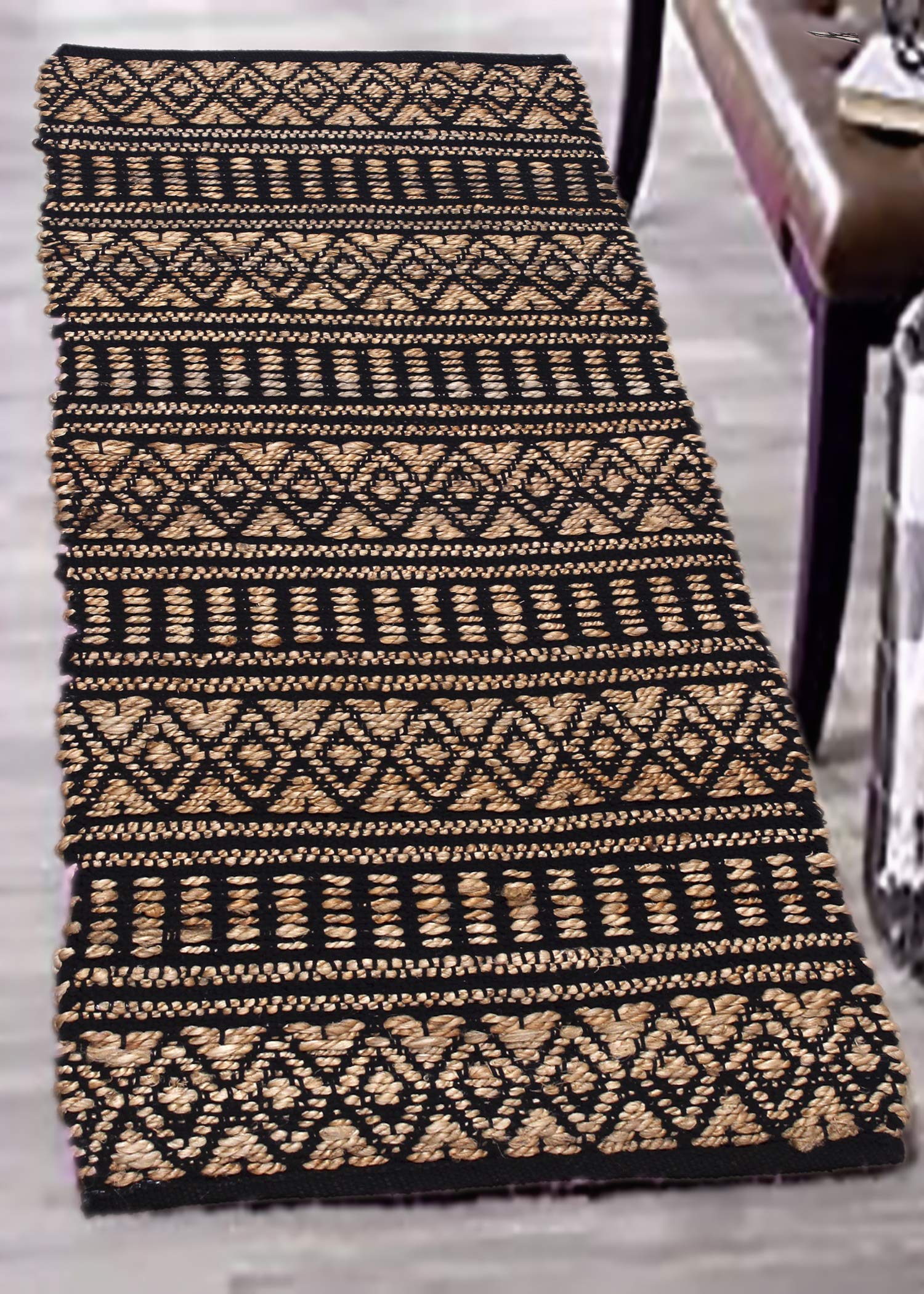 Ayush Handloom Half Diamond Jute Cotton Dari high Collection Material, Beige & Black, 2x10 feet