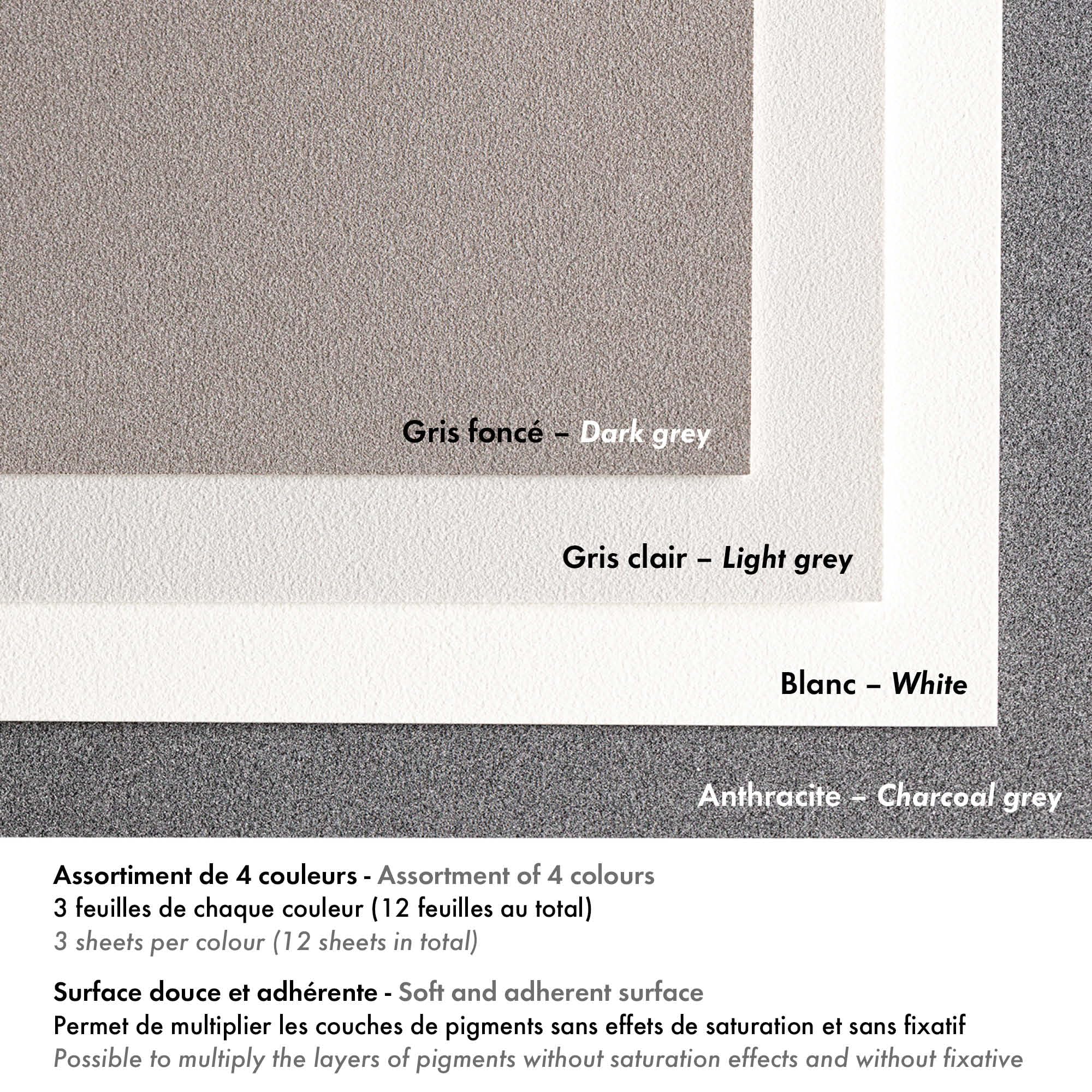 Clairefontaine 976059C Blocco collato PastelGrana n°1-12 fogli di carta speciale per pastelli secchi - 30x40 cm 360g - Assorti teintes grigioes - divisori di carta Cristal