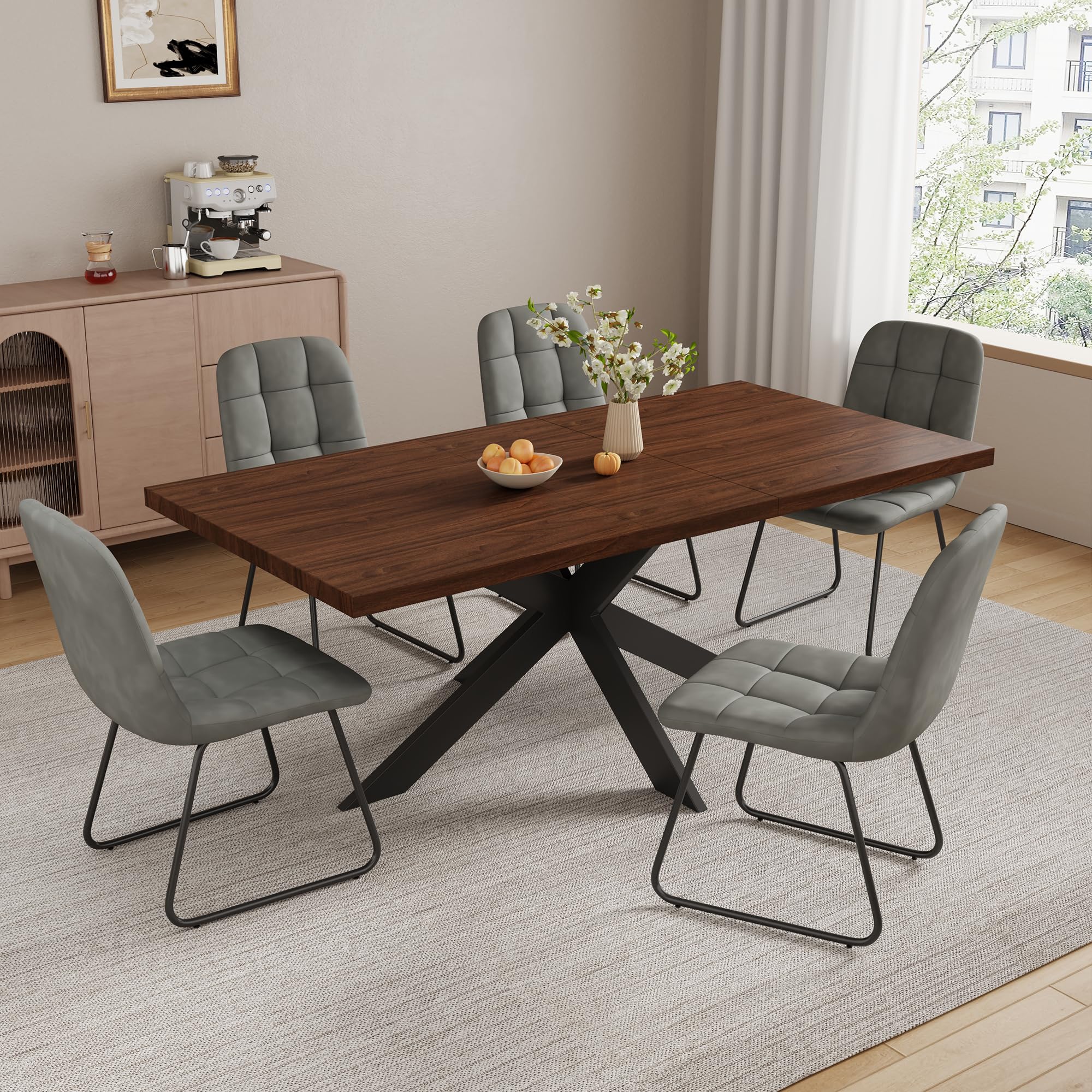 ZckyCine 7-Piece Dining Table Set with 51"-67" Extendable Walnut Wood Table and 6 PU Leather Chairs, Modern Rectangular Kitchen Table Set with Metal
