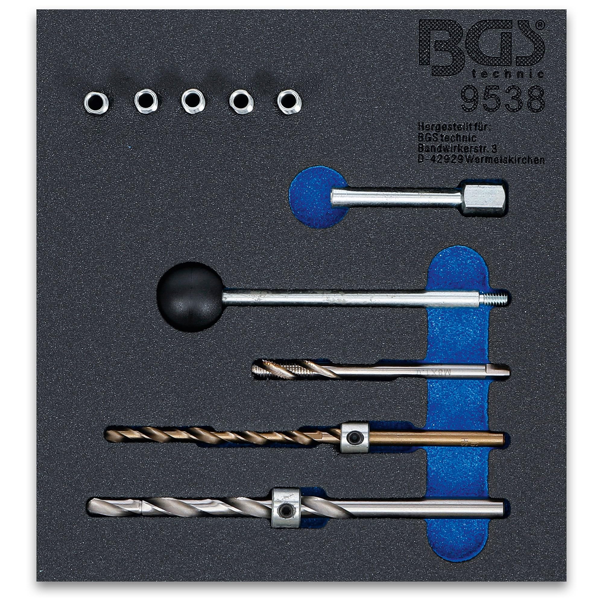 BGS 9538 | Bandeja para carro 1/6: Juego de reparación de roscas| para tornillos de fijación de inyectores | 10 piezas
