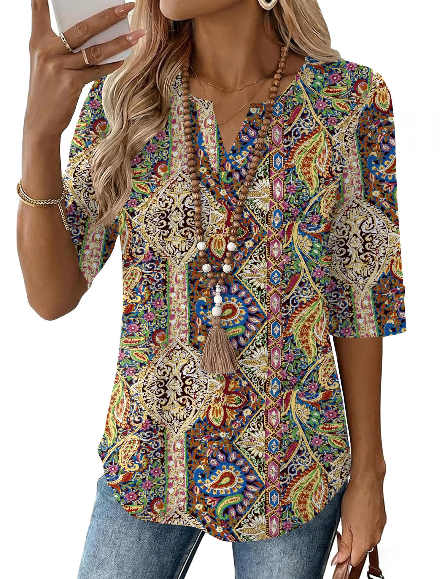 Tisfeer Damen Bluse 3/4 Arm V-Ausschnitt Elegant Lässig Oberteil Tunika Sommer Tops Locker Shirt 2026