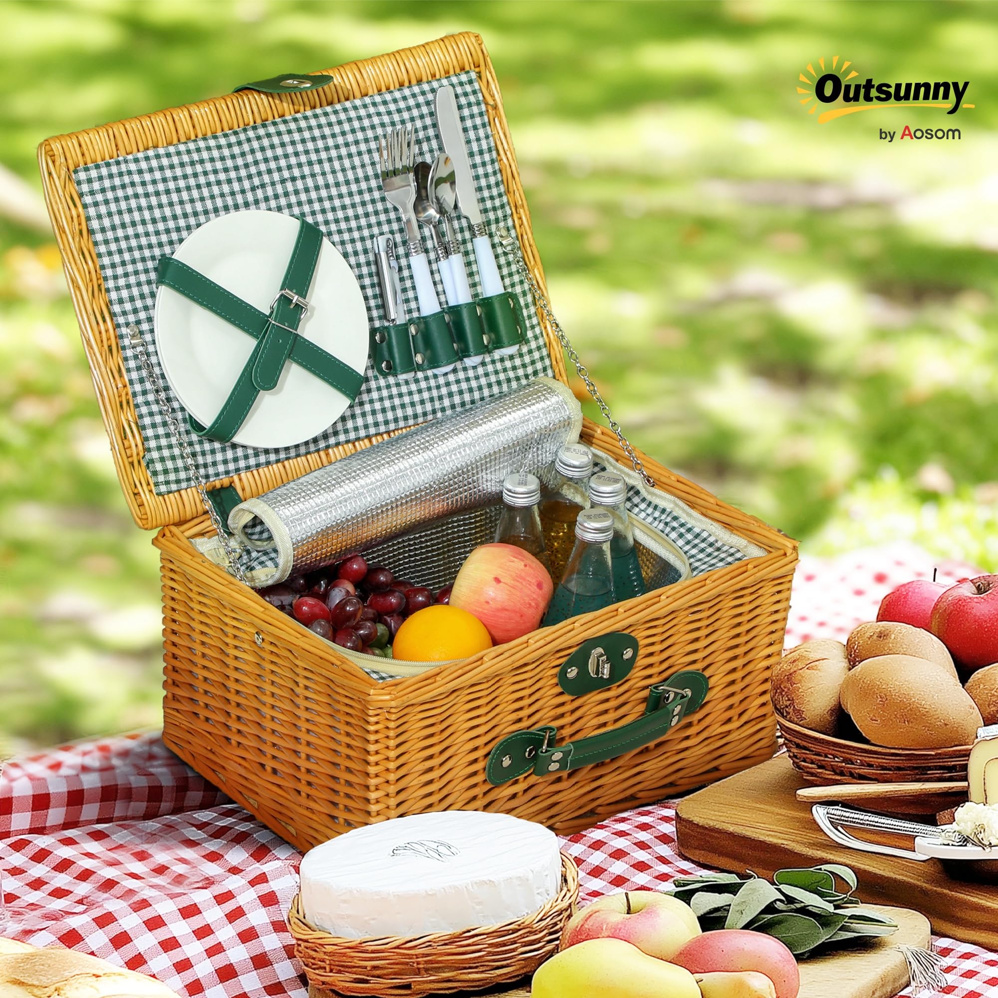 Outsunny Cestino da Picnic in Vimini per 2 Persone con Area Frigo, Cesto Picnic con 2 Piatti, 6 Posate, 2 Bicchieri e Cavatappi, 40x30x20 cm, Marrone Chiaro