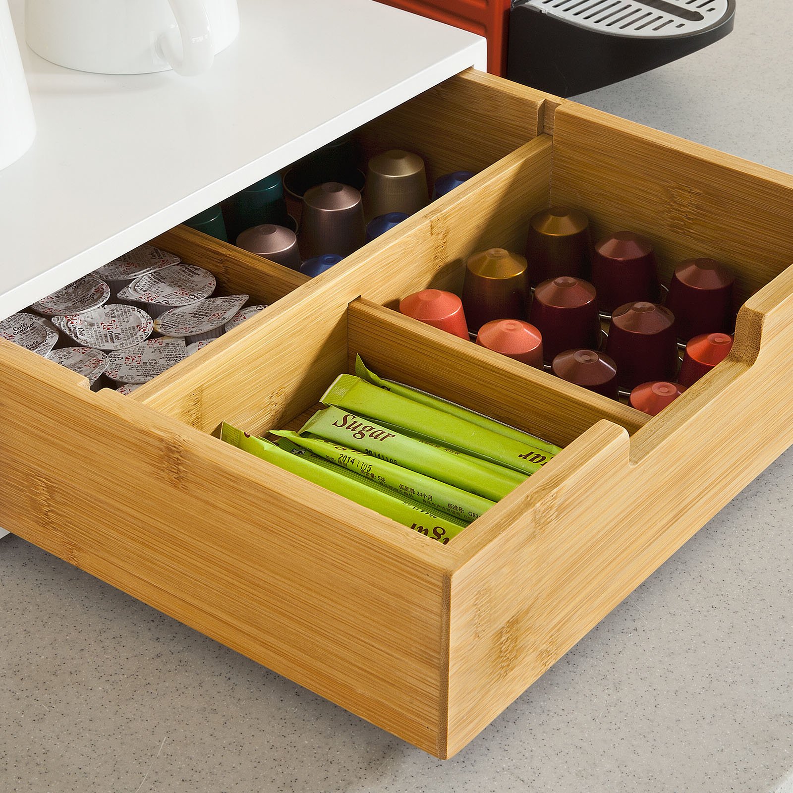 SoBuy Boîte à thé en bois compartimentée – Tiroir de rangement capsules ou sachets de thé – Organisateur compact avec pieds antidérapants pour cuisine ou bureau 31×30×10cm FRG179-WN
