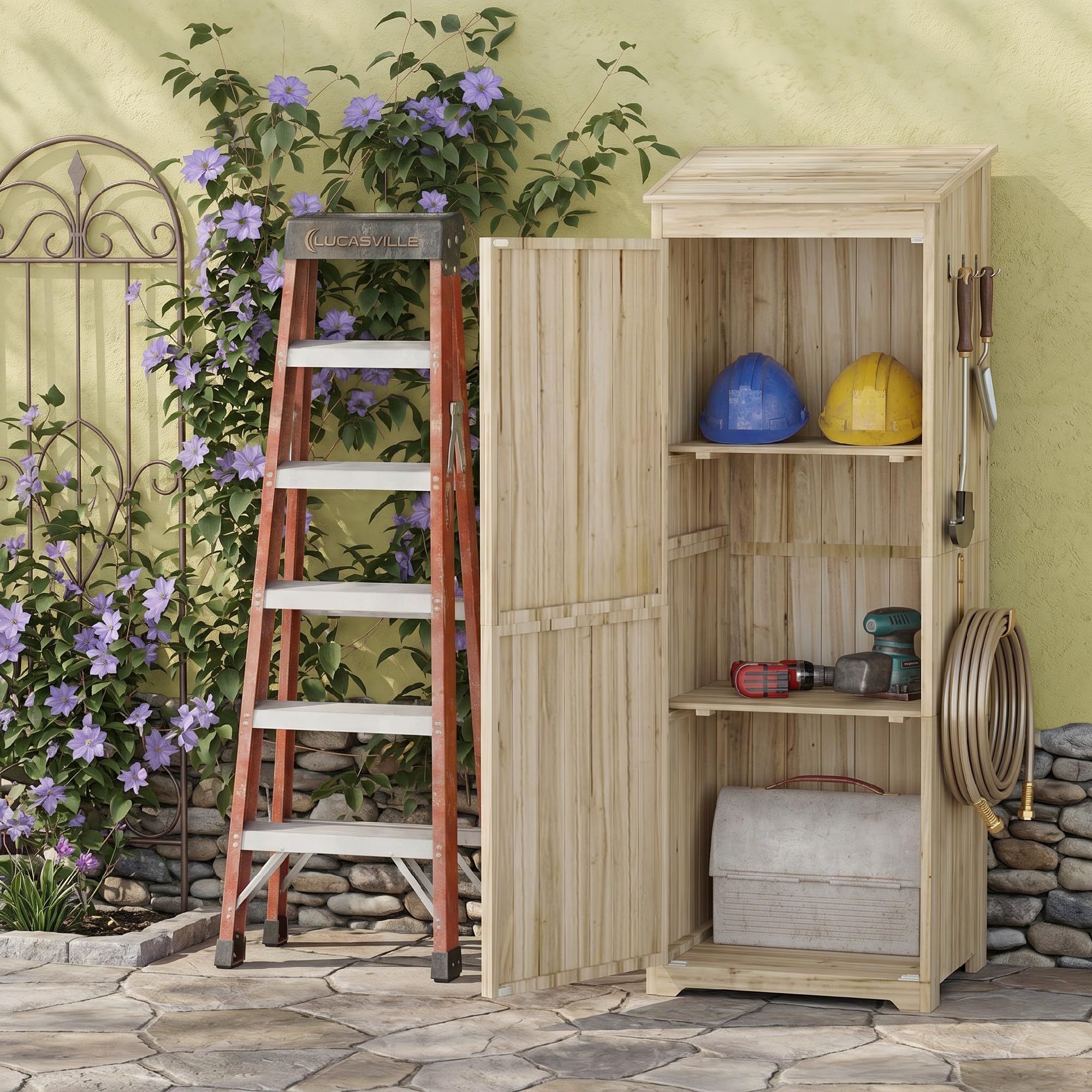 Outsunny Armoire de Jardin en Bois avec 2 Portes magnétiques, 2 étagères et Compartiment Droit spacieux, Armoire de Rangement à Toit incliné 120 x 57 x 183 cm Bois Naturel