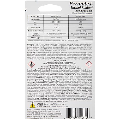 Miniatura 2 de Permatex 59214 Sellador de roscas de alta temperatura, tubo de 0.2 fl oz, 1 unidad