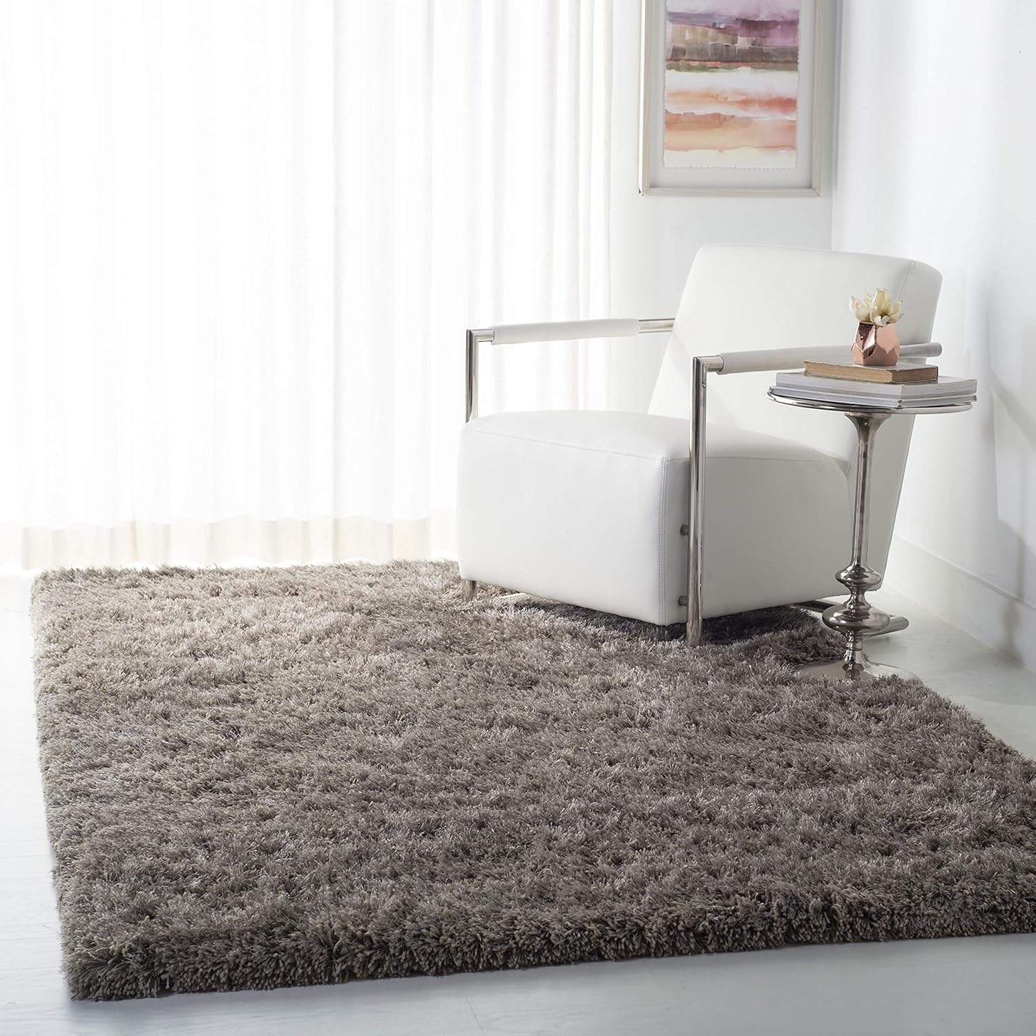 SAFAVIEH Atlantic Shag Collection 4' x 6' Beige ATG101B Handmade Solid 1.2-inch Thick Area Rug