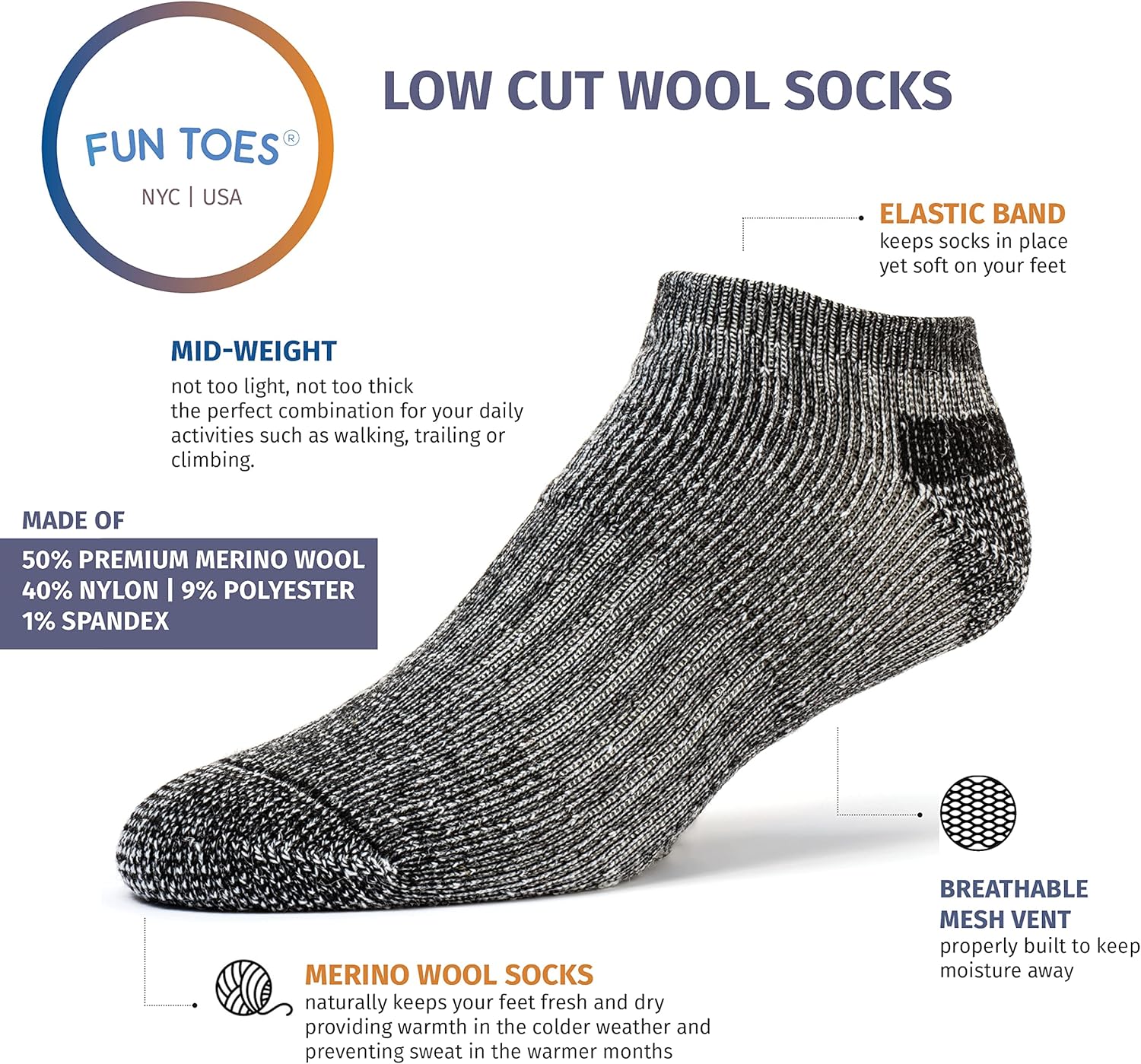 FUN TOES Low Cut Ankle Merino Wool Mens Hiking Running Socks Compression Arch Support Cushioned 6 Pairs - Image 2