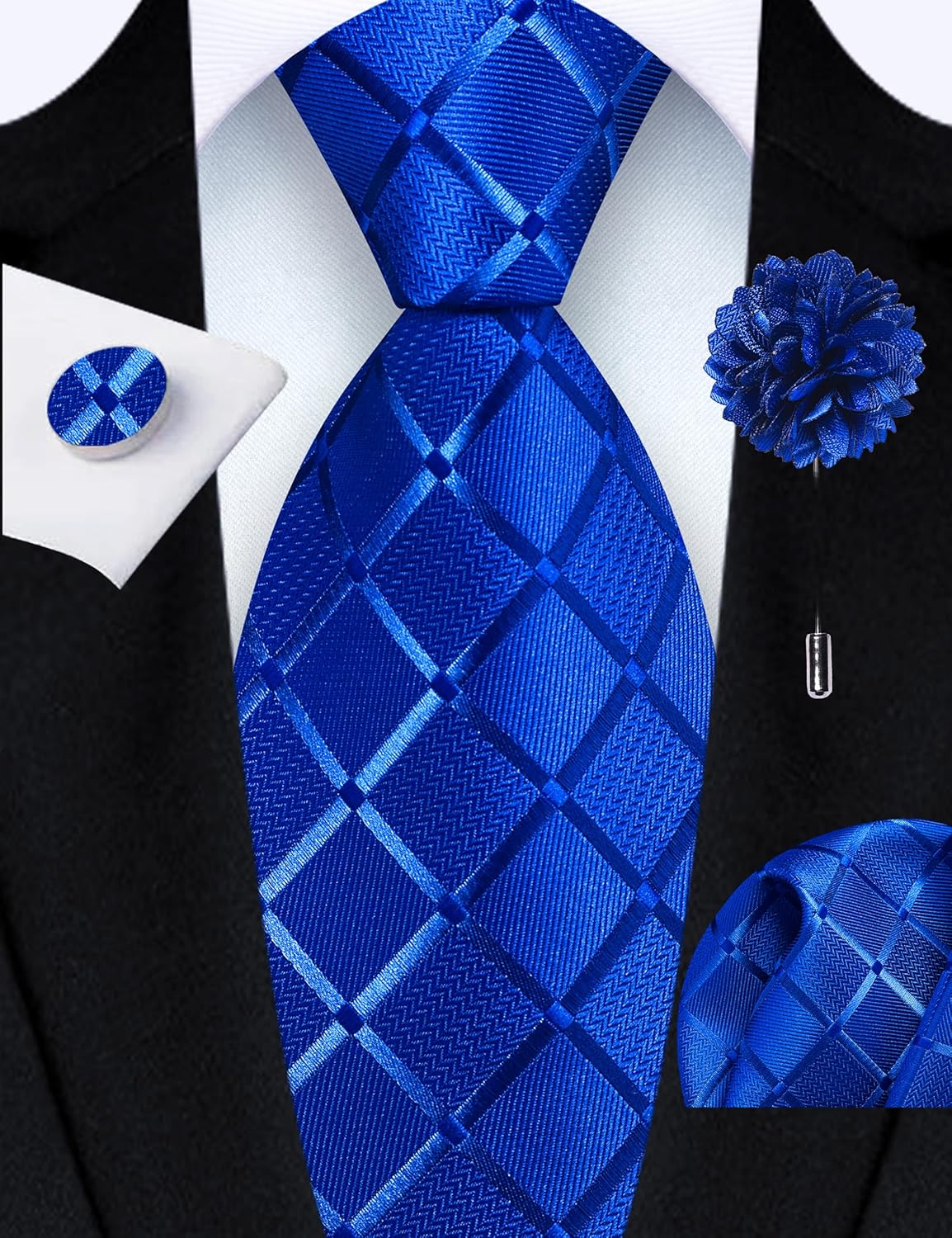 GUSLESON 3.15"（8cm） Mens Tie and Lapel Pin Plaid Checkered Necktie Hankerchief Cufflinks Set for Men - Image 2