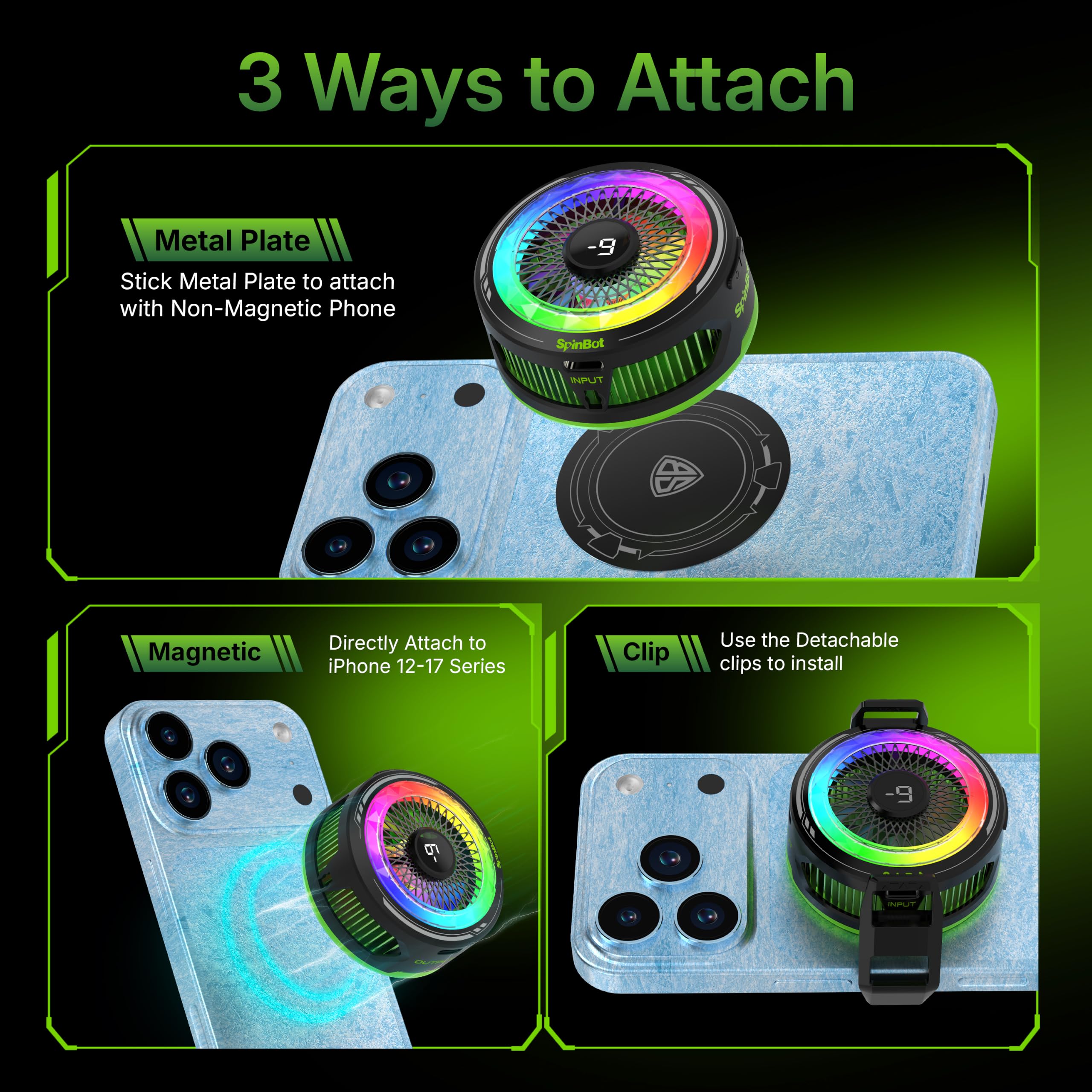 SpinBot IceDot Mag V2 Charge Magnetic Phone Cooler for Gaming | 20W Semiconductor Cooling | Pass-Through Charging | 5 Cooling Modes | Overclock Mode | RGB Temperature Display — Amazon image 8