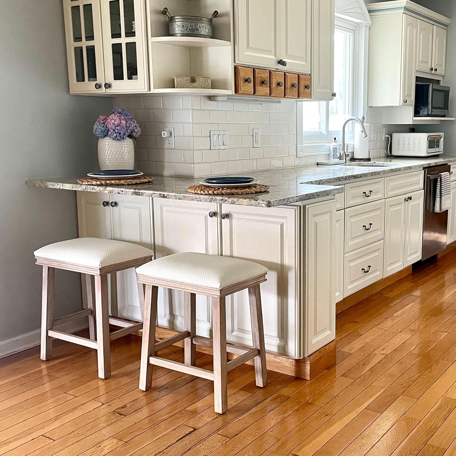 PHI VILLA Bar Stools Set of 2 - Solid Wood Legs Counter Height Barstools with Upholstered Saddle Seat, 24 inch Kitchen Counter Island Stools