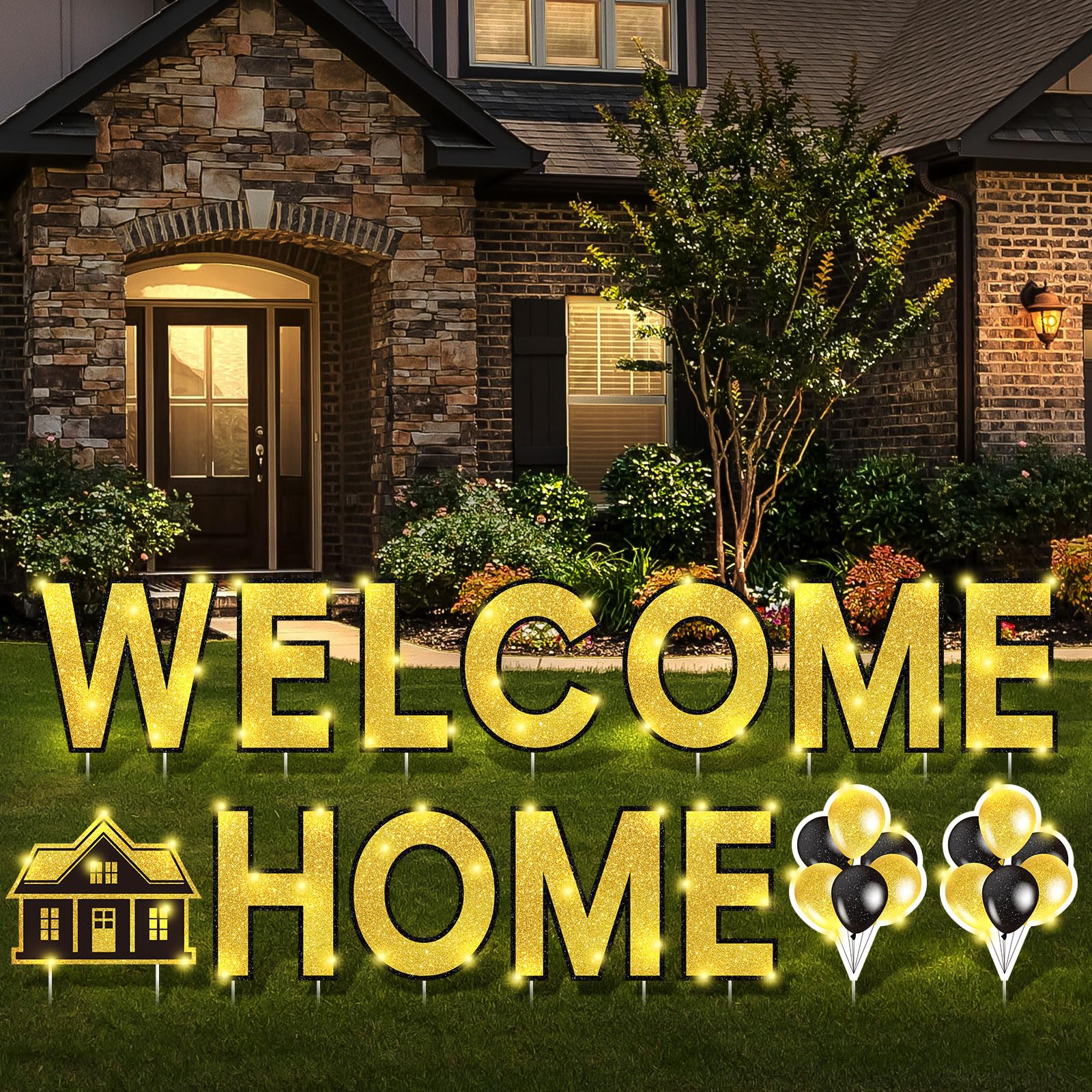 Yerliker 14 Pcs Welcome Home Lawn Sign with Stakes 32.8 ft LED Lights 12.6" Yard Welcome Back Home Sign Outdoor Light up Letters Supplies for Family Party Patriotic Homecoming Decoration (Gold)