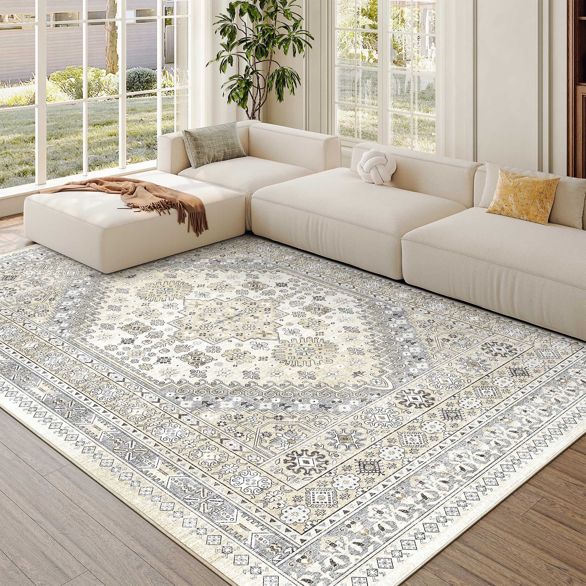 Photo 1 of zesthome 5x7 Area Rugs - Ultra-Thin Washble Rug, Stain Resistant Anti Slip Backing Rugs for Living Room,Bedroom, Vintage Home Decor Area Rug (Beige,5'x7')