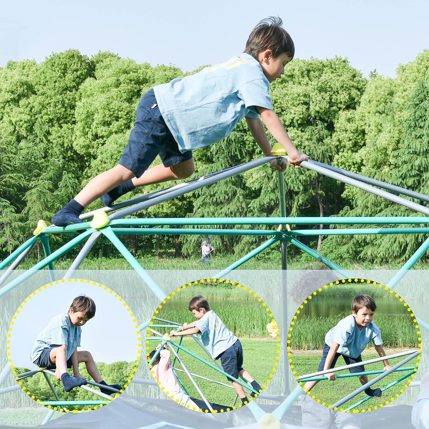 12 FT Climbing Dome Jungle Gym for Kids - Outdoor Playset for Boys & Girls Ages 3-10, Heavy-Duty Steel Rust-Resistant Design, Supports 1000 LBS,Easy Assembly,Gift for Boys, Girls (Green+Silver, 13FT)