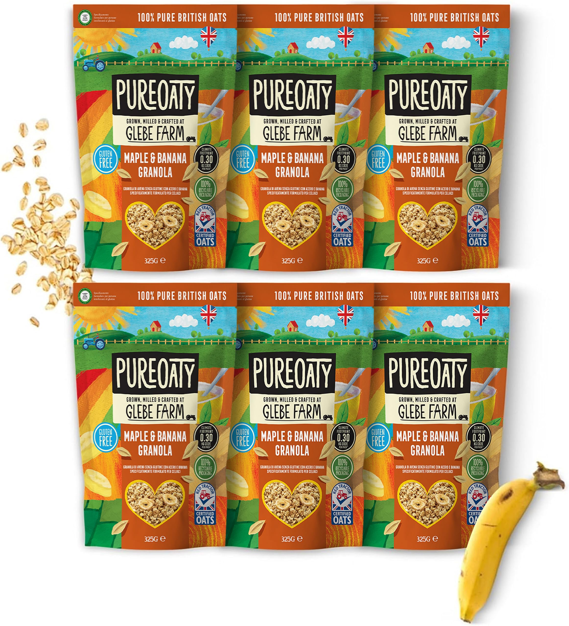 Glebe Farm Gluten Free PureOaty Maple & Banana Oat Granola 6PK, Healthy Wholegrain Oats To Help Lower Cholesterol, 100% British Oats, Vegan & High In Fibre, Delicious Granola Cereal, 6x 325g
