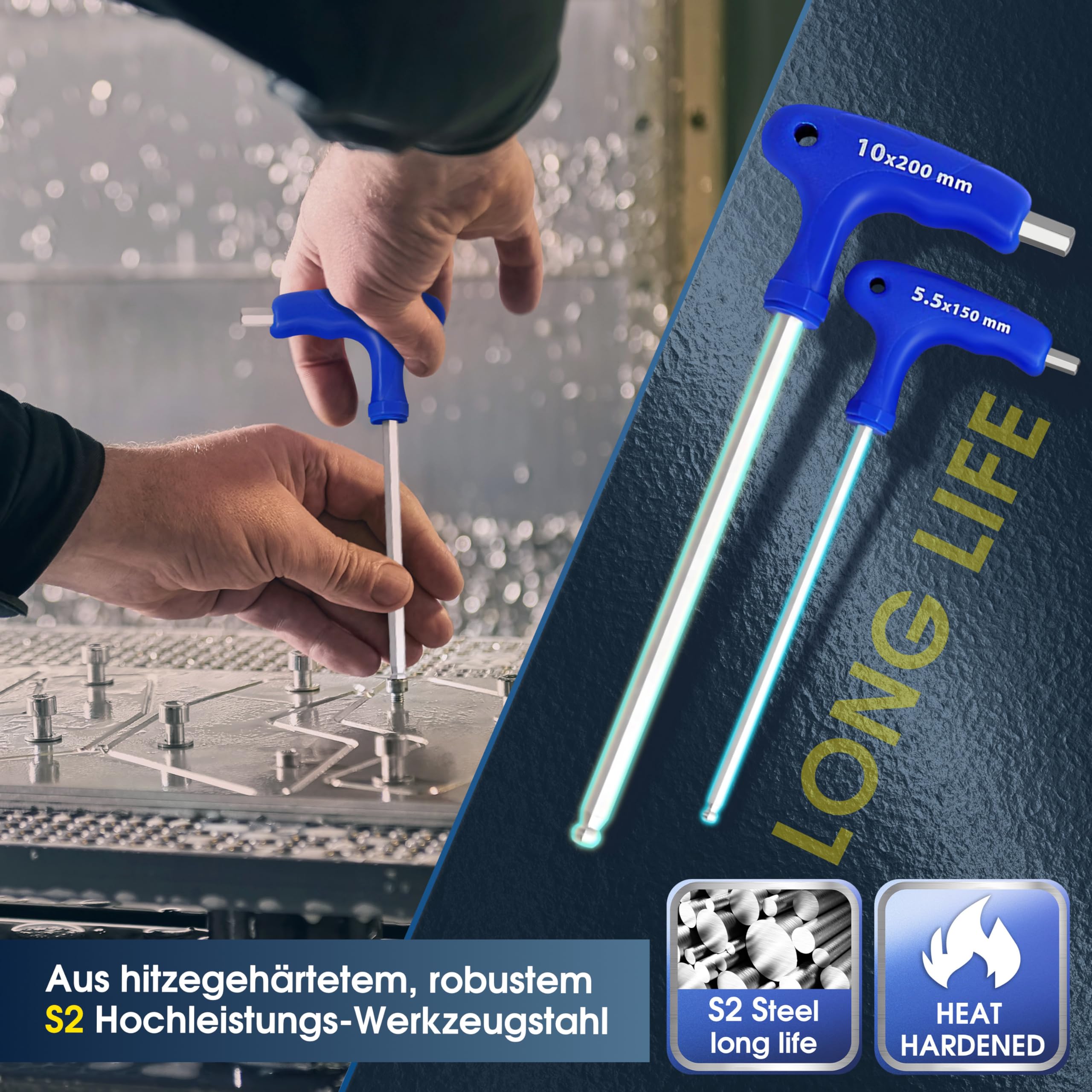 S&R Innensechskantschlüssel Satz HX, S2 Hochleistungsstahl, T-Griff, Kugelkopf, zuverlässiger Korrosionsschutz, Werkzeughalter aus Metall, 10-tlg 2 mm - 10 mm, Sechskant Schlüssel Set Metrisch