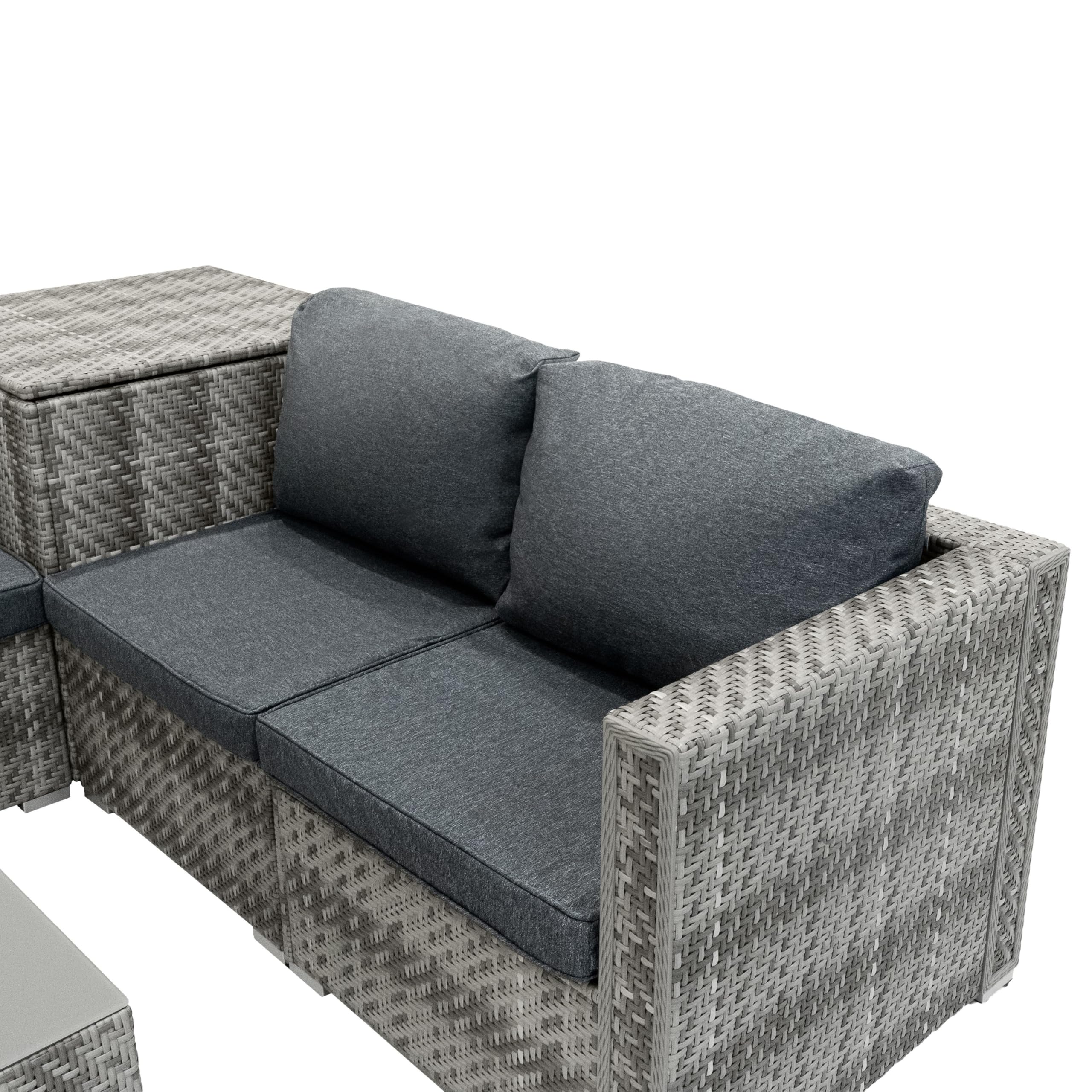 Set Modular de Patio de Ratán | Gris 6 Piezas| Sofá Modular| Mesa con Tapa de Vidrio Templado| Cojines Griseses | Funda Impermeable| Resistente a la Intemperie| Ideal para Jardín y Patio