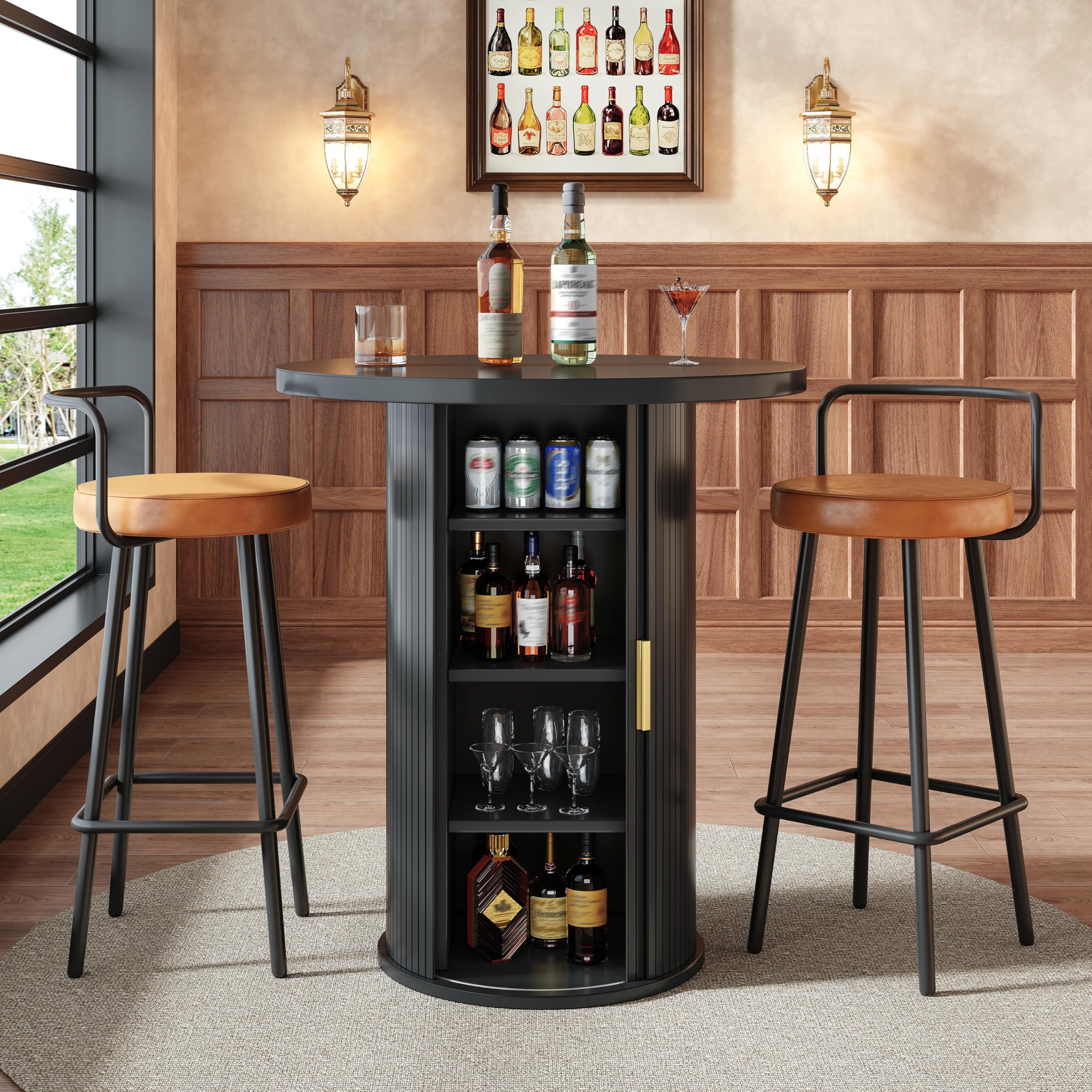 Conjunto de Mesa de Bar con MDF y Metal, para Salón, Negro, Set de 3