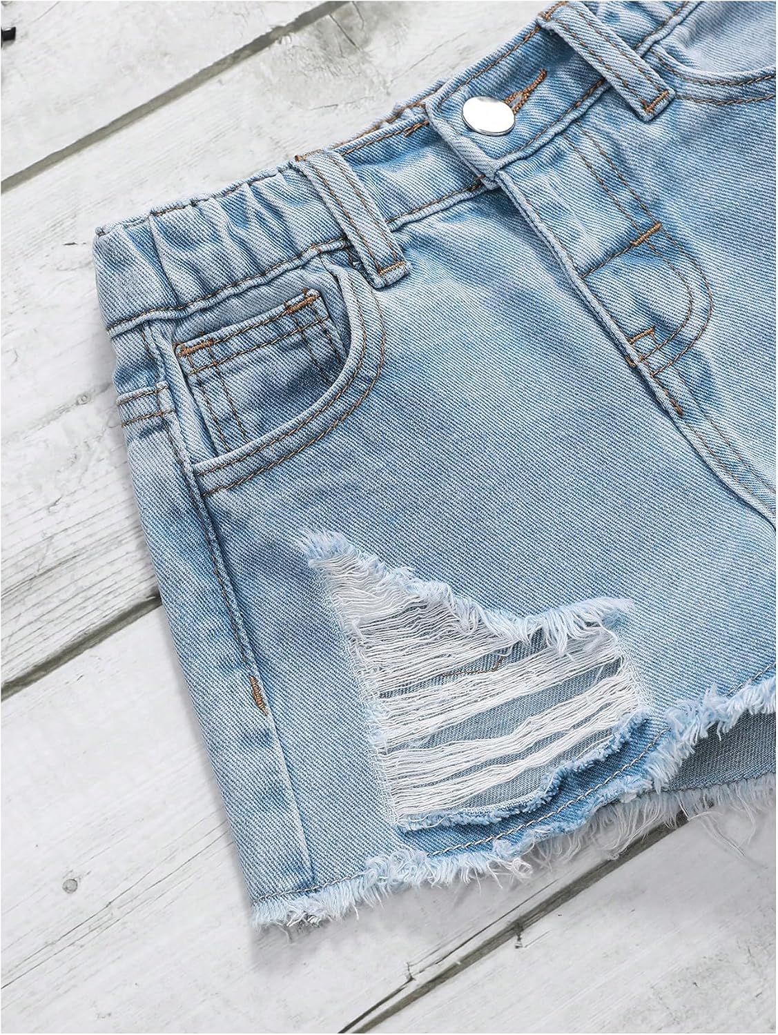 SHENHE Girl's Ripped Jean Shorts Teens High Rise Frayed Raw Hem Elastic Waist Kid Denim Shorts Vacation