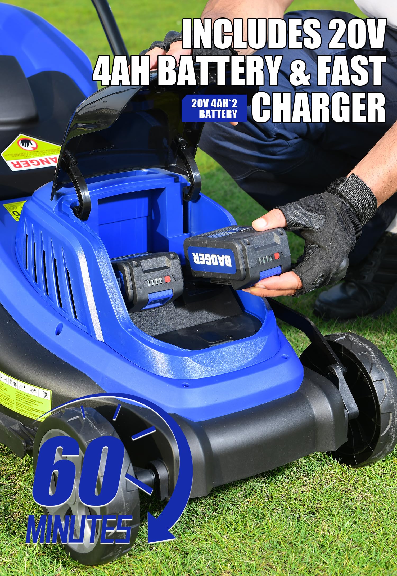 WILD BADGER POWER Kosiarka 40 V bezszczotkowa 40 cm bezprzewodowa, 5 regulacji wysokości cięcia, elektryczna kosiarka, szybkie składanie w ciągu 5 sekund, akumulator 20 V x 2 4,0 Ah i super ładowarka