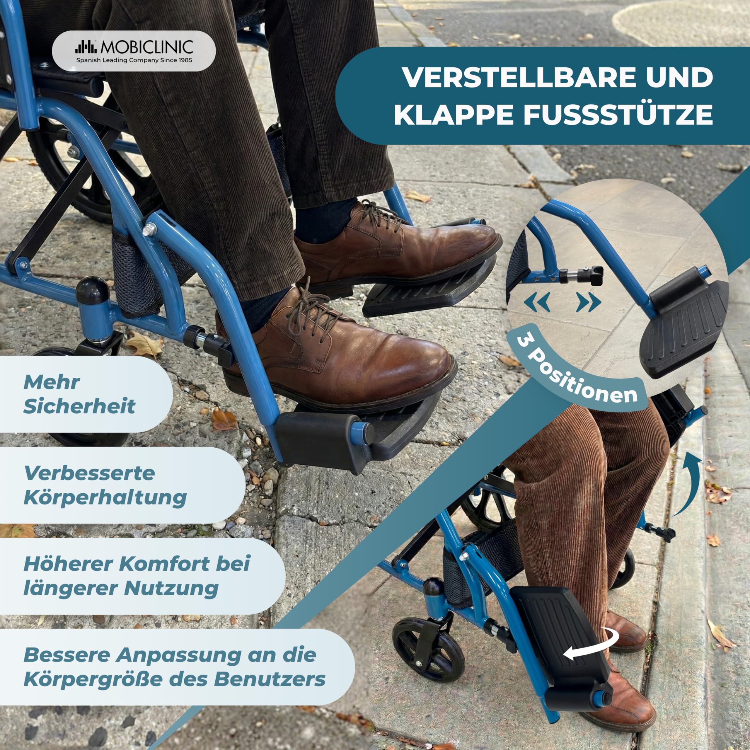 Mobiclinic®, Faltbarer Rollstuhl, Transportrollstuhl, Klappbare Rückenlehne, Klappbare Fußstützen, Doppel Bremssystem, Verstärkter Stahl, Bis 100 kg, Leicht und kompakt, Faraón