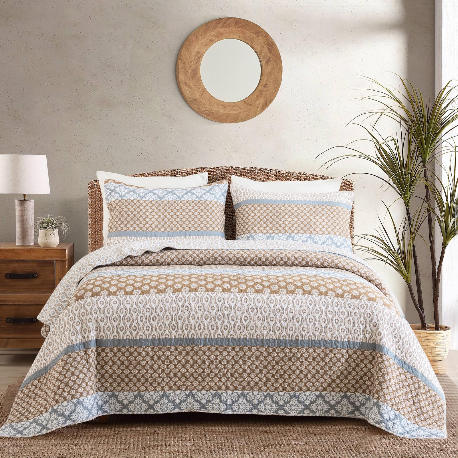 SahSahCasa Quilt King Size, King Quilt Set, 100% Cotton Floral Quilt, King Quilt Bedding Set Bedspreads, Patchwork Reversible Lightweight Comforter Bed Spread for All Season, Brown/Gray, 3 Pieces