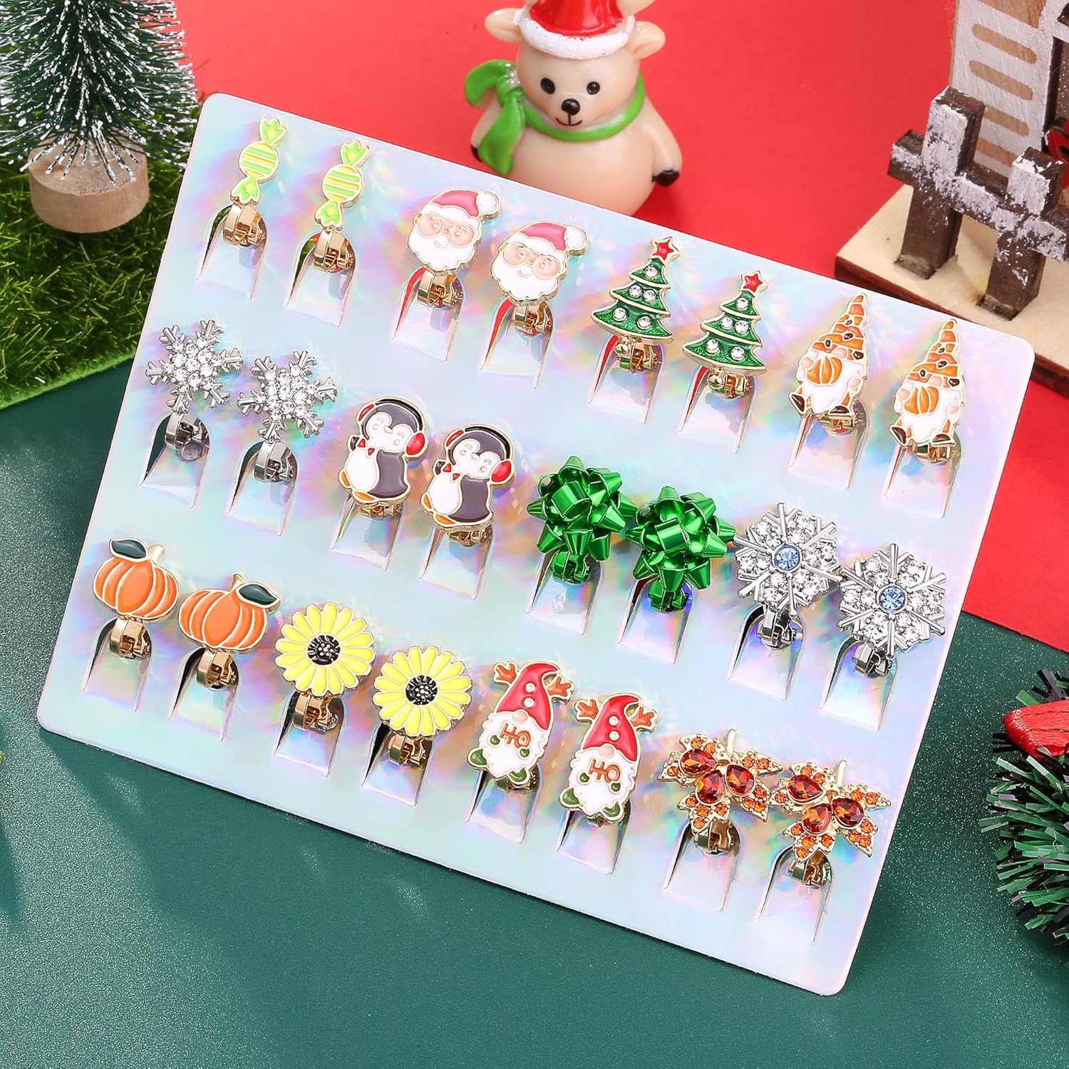 12 Pairs Christmas Thanksgiving Clip on Earrings Set for Teen Girls Women Holiday Earrings Bulk Snowflake Penguin Christmas Tree Bow Gnome Winter Clip Earrings Fall Pumpkin Leaf Earrings Jewelry Gifts - Image 6
