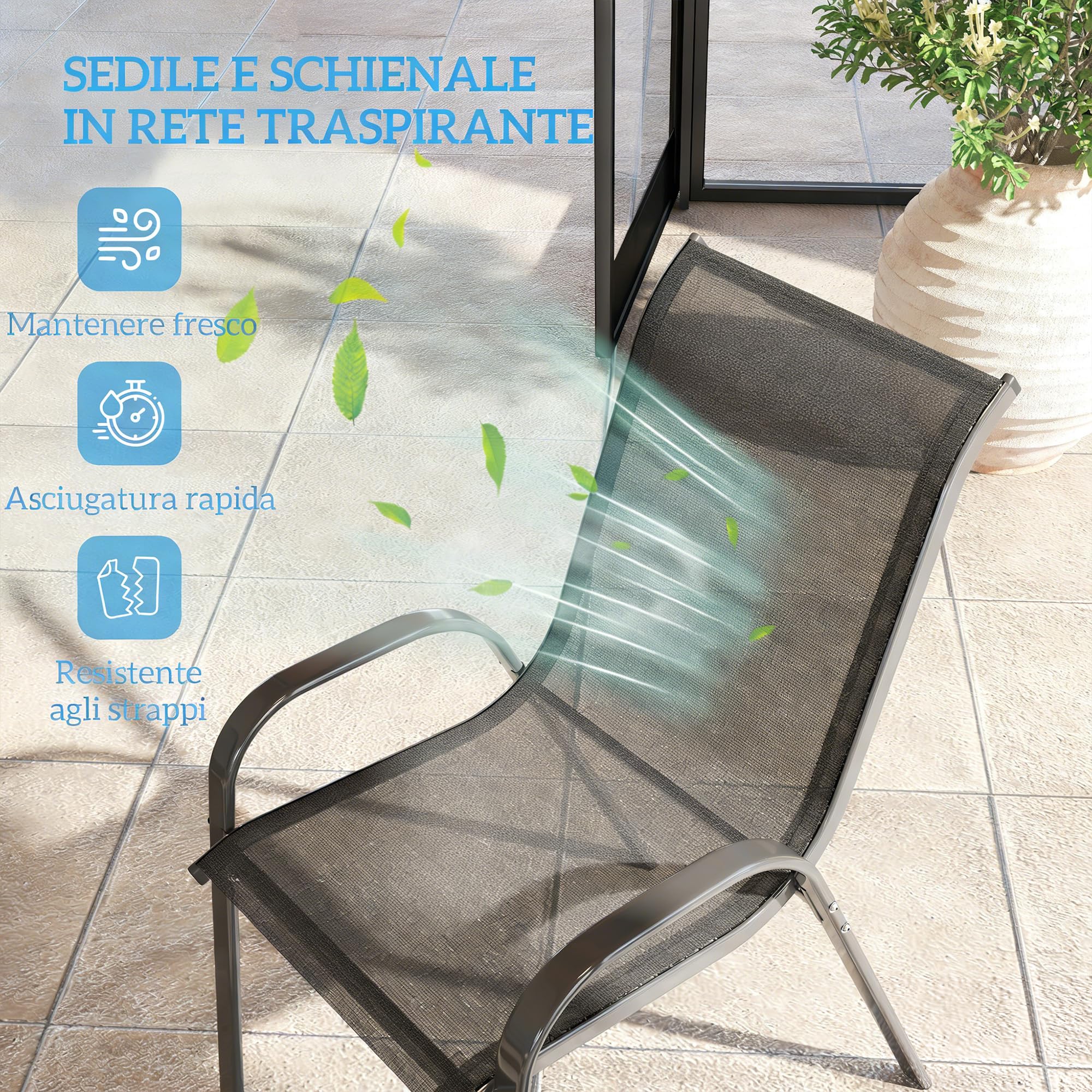 Outsunny Set 4 Sedie da Giardino Impilabili con Braccioli, Acciaio e Texteline, 54x71x93 cm Nero