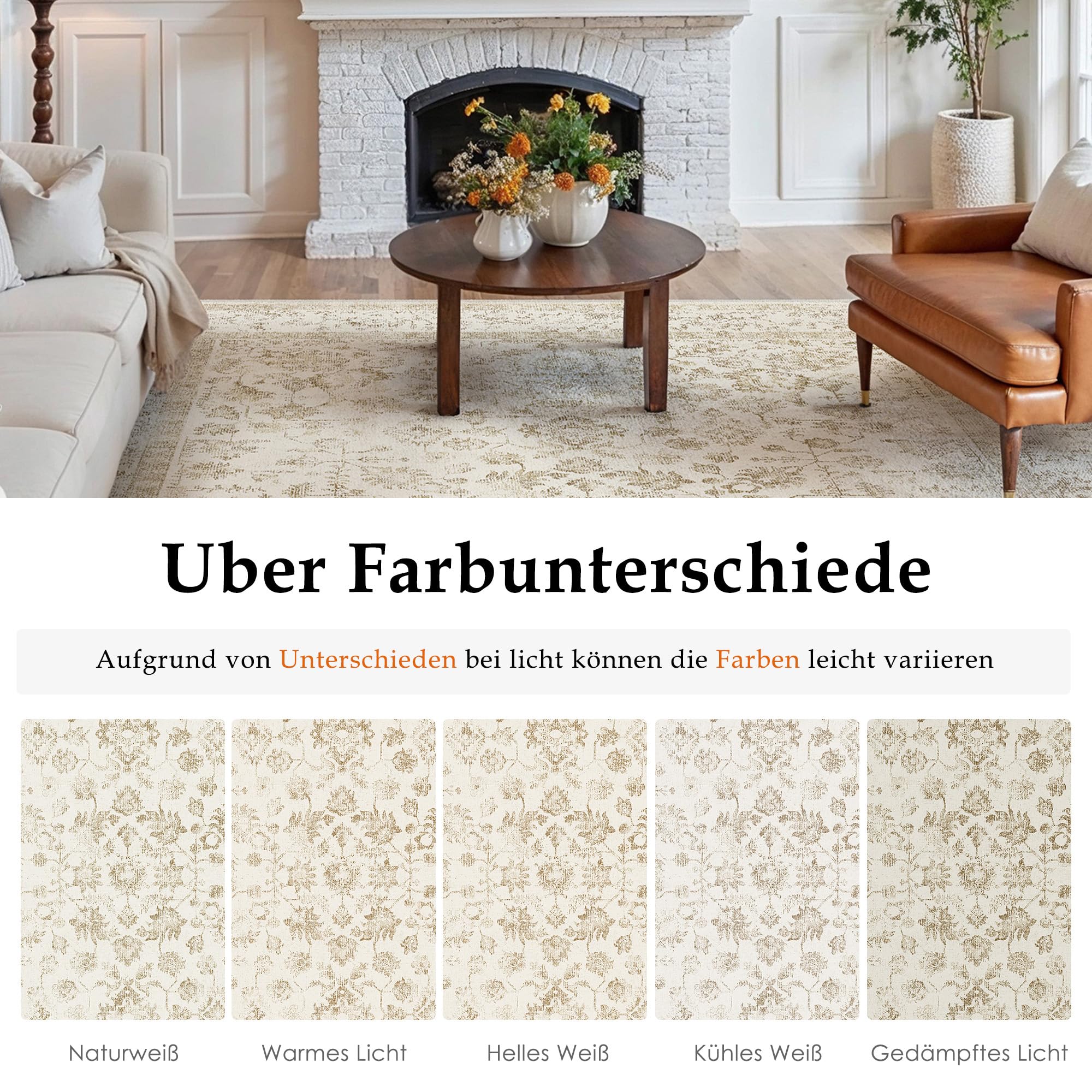 PureCozy Beige Teppich Wohnzimmer 200x300cm Vintage Waschbarer rutschfest Kurzflor Weich Bumen Boho Retro Groß Teppiche für Schlafzimmer Küchen Esszimmer Bedroom Living Room