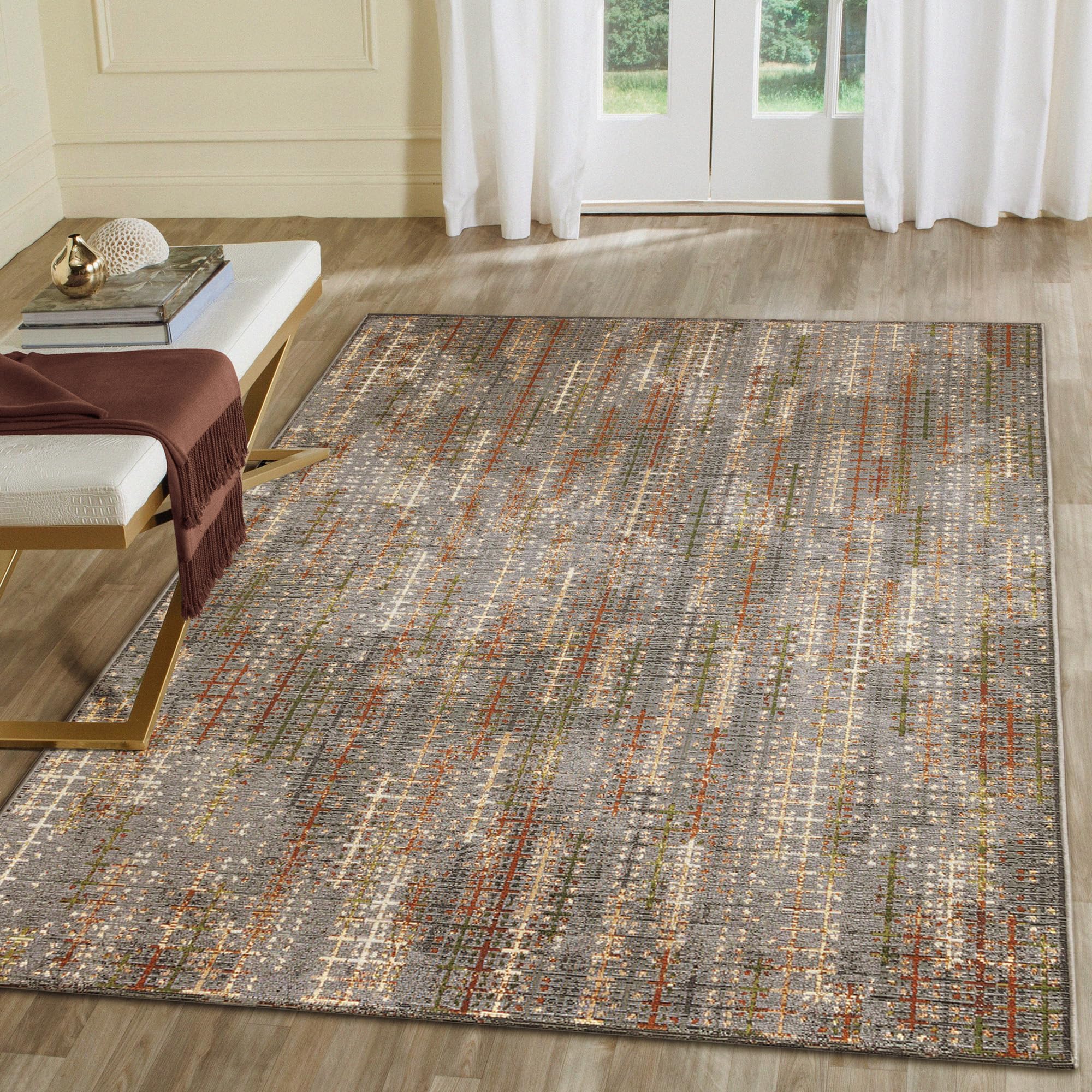 Liora Manne Marina Indoor/Outdoor Power Loomed Synthetic Blend Durable Area Rug - Contemporary Texture Global Colorful (Sienna Black) (6'6" x 9'4")
